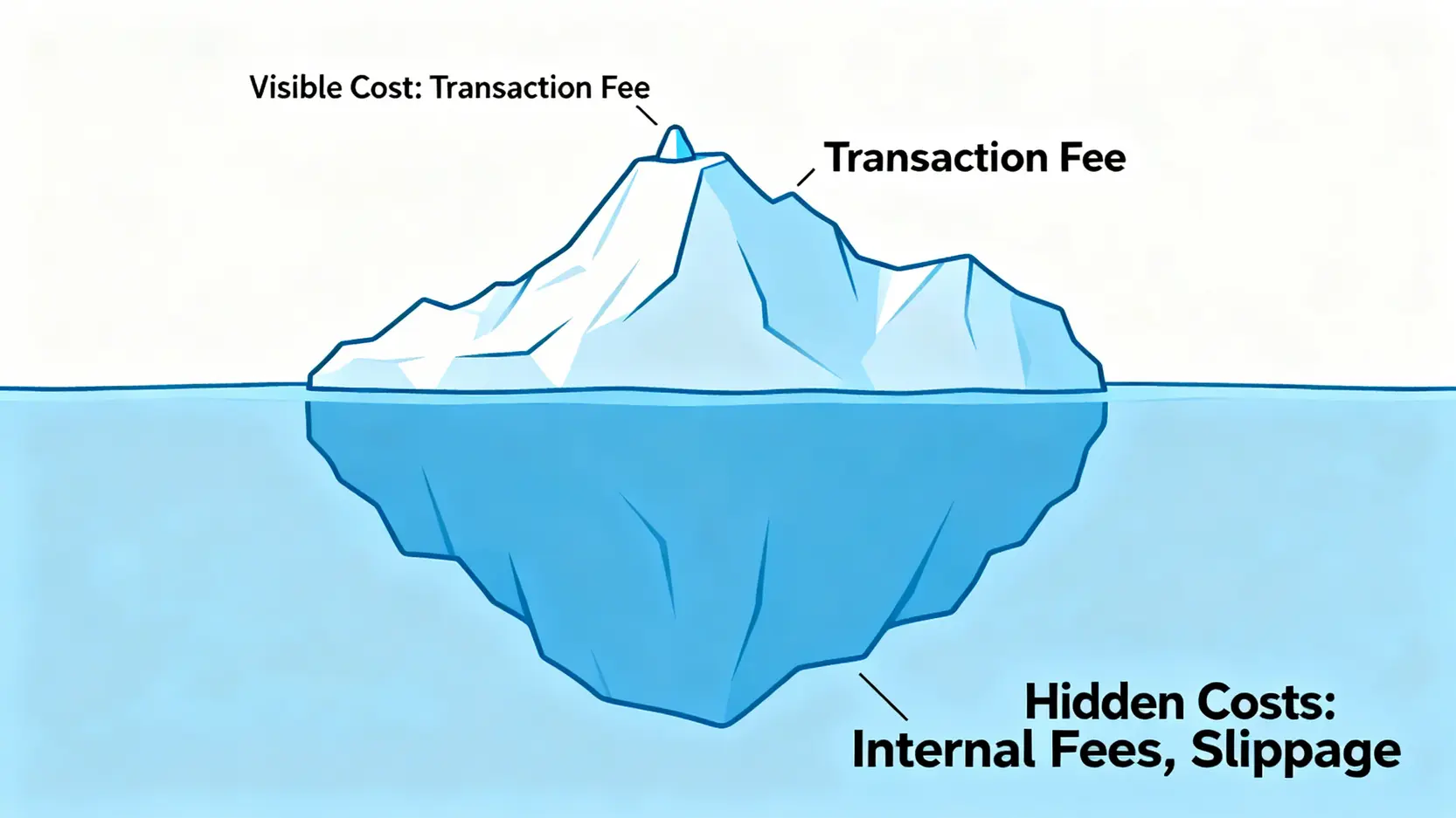 一座冰山圖,說明投資中可見的交易成本只是冰山一角,而更大的隱藏成本如內扣費用則藏在水面之下。