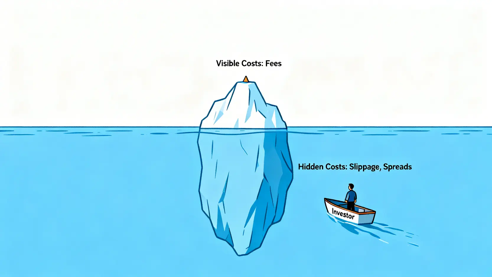 一張冰山圖,說明投資中的可見成本(手續費)與隱藏成本(滑點)。