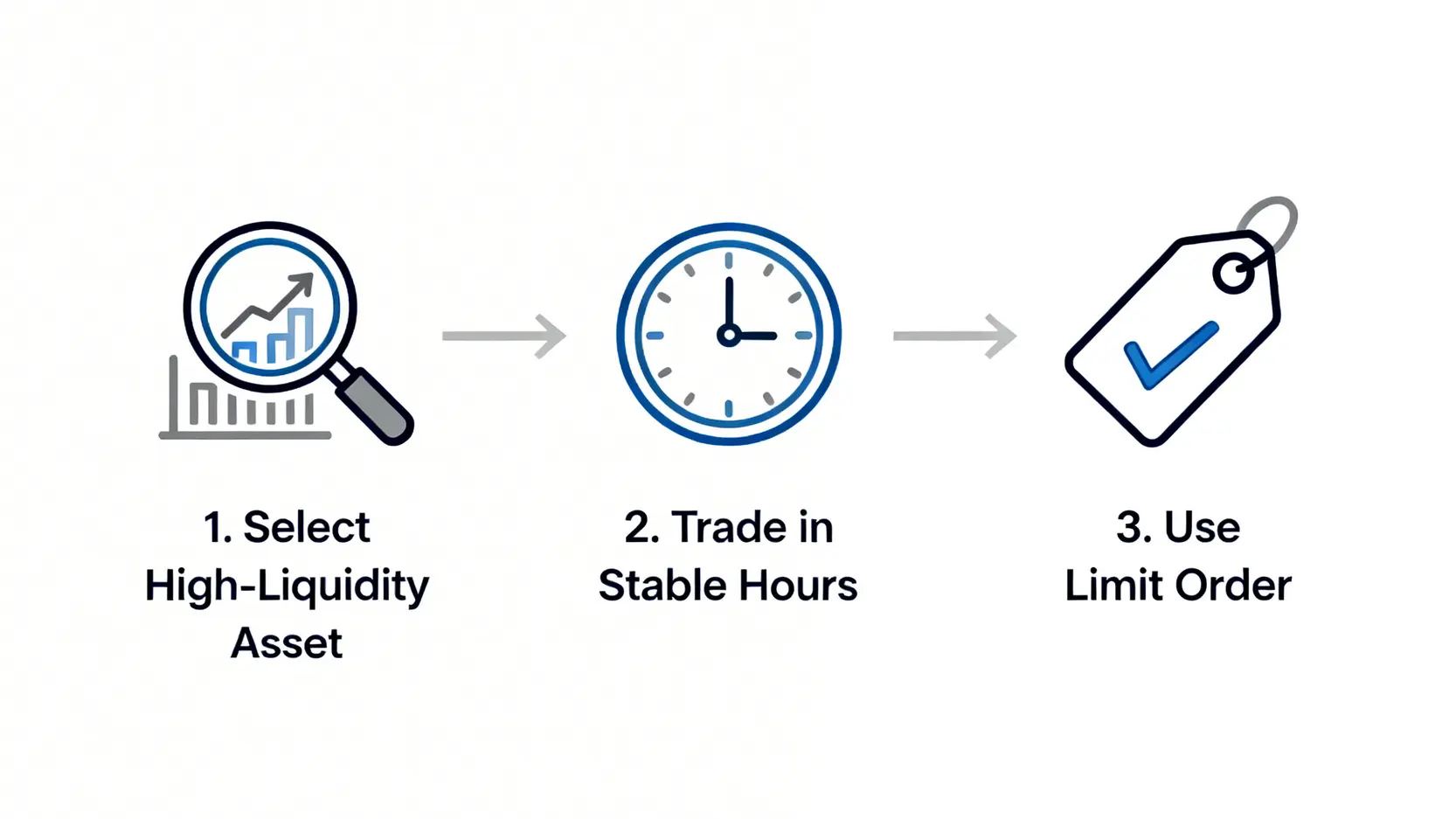 降低交易滑點的三個步驟:選擇高流動性標的、在穩定時段下單、使用限價單。