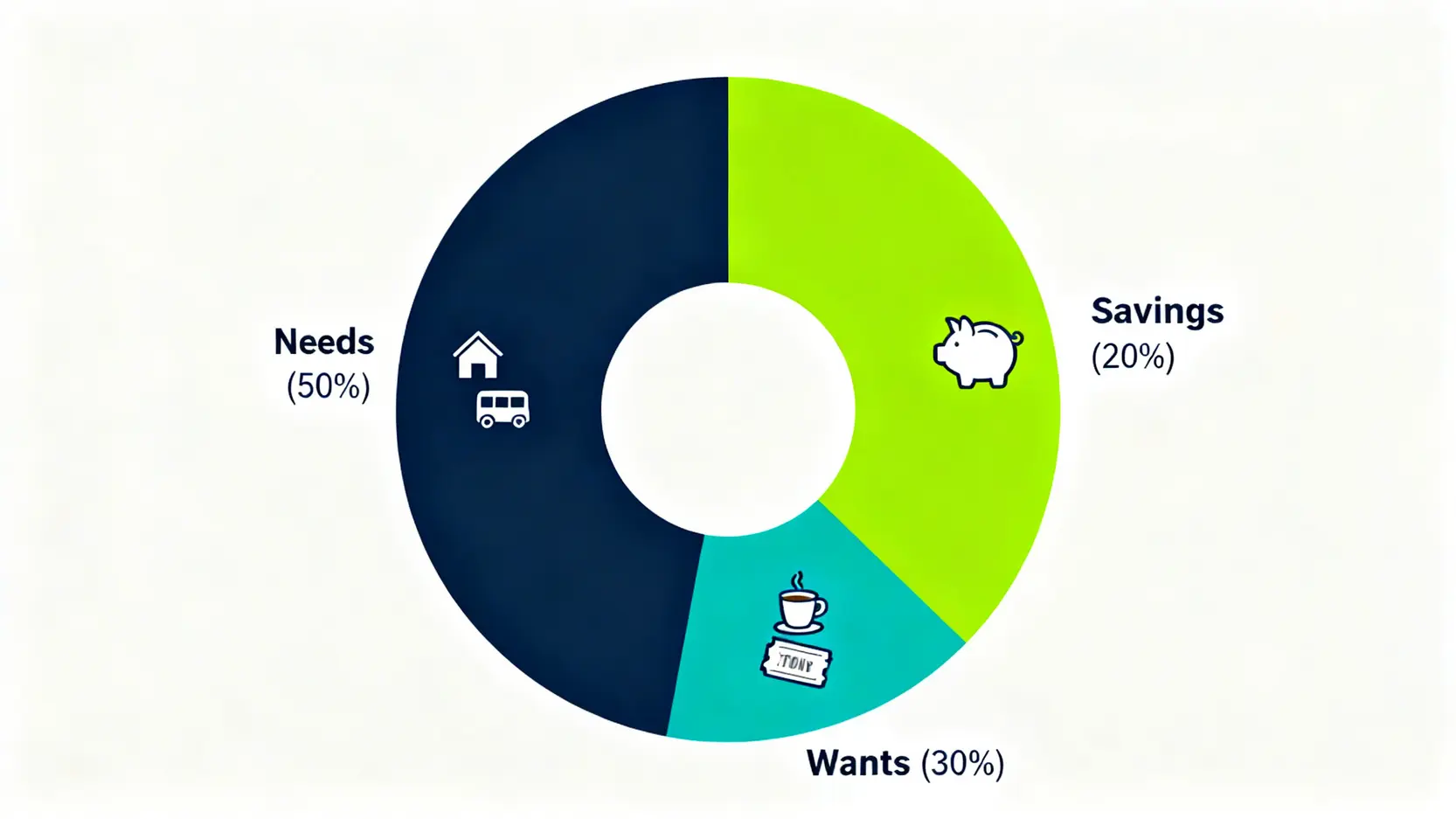 50/30/20預算法則的圓餅圖,分別代表50%必要支出、30%彈性花費與20%儲蓄投資。