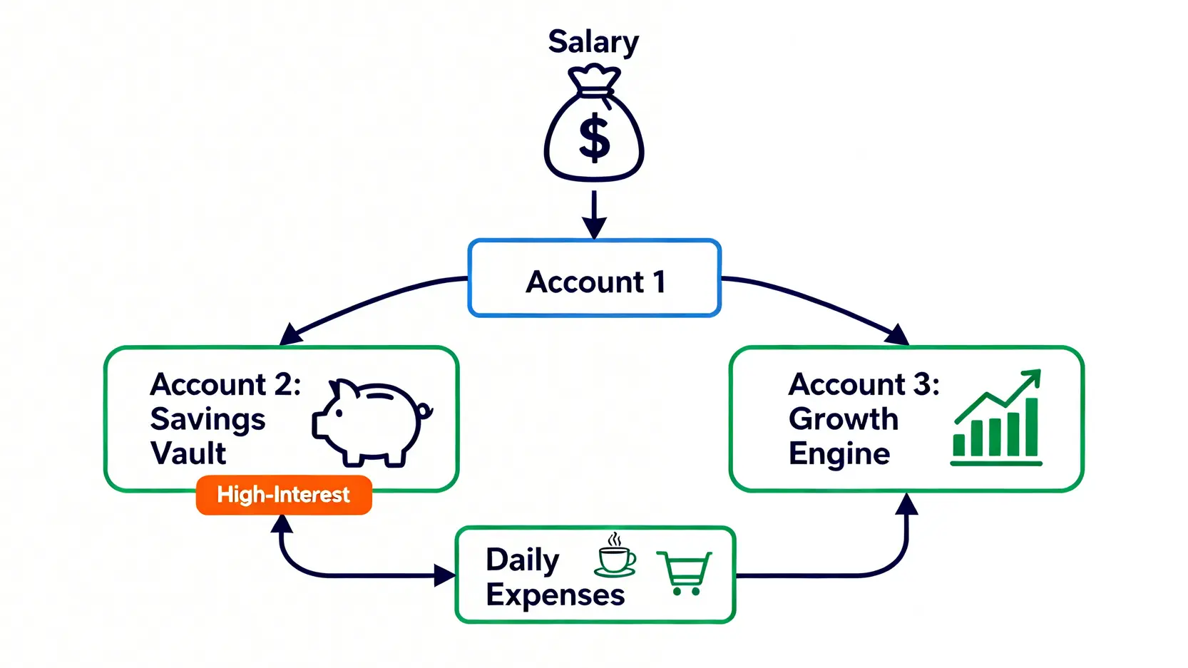 三帳戶理財法流程圖,展示薪資如何自動分配到消費、儲蓄和投資帳戶。