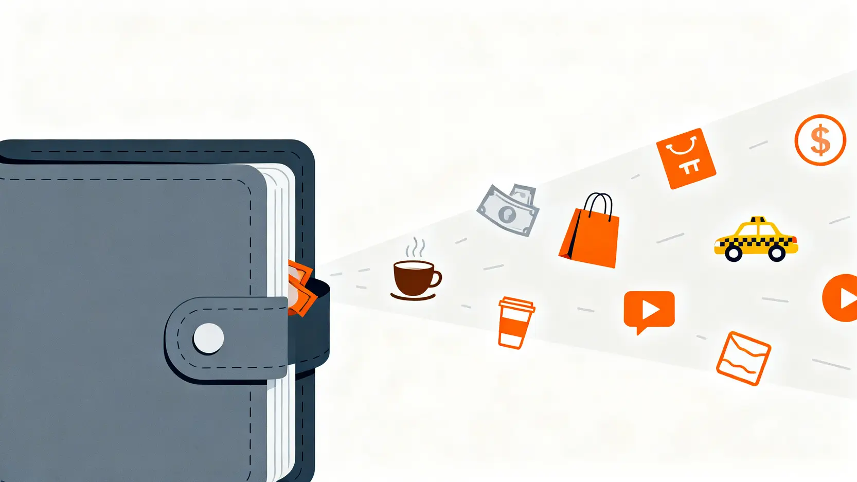 一個錢包正在漏出代表拿鐵因子的小額消費圖標,如咖啡杯和購物袋,象徵財富的流失。