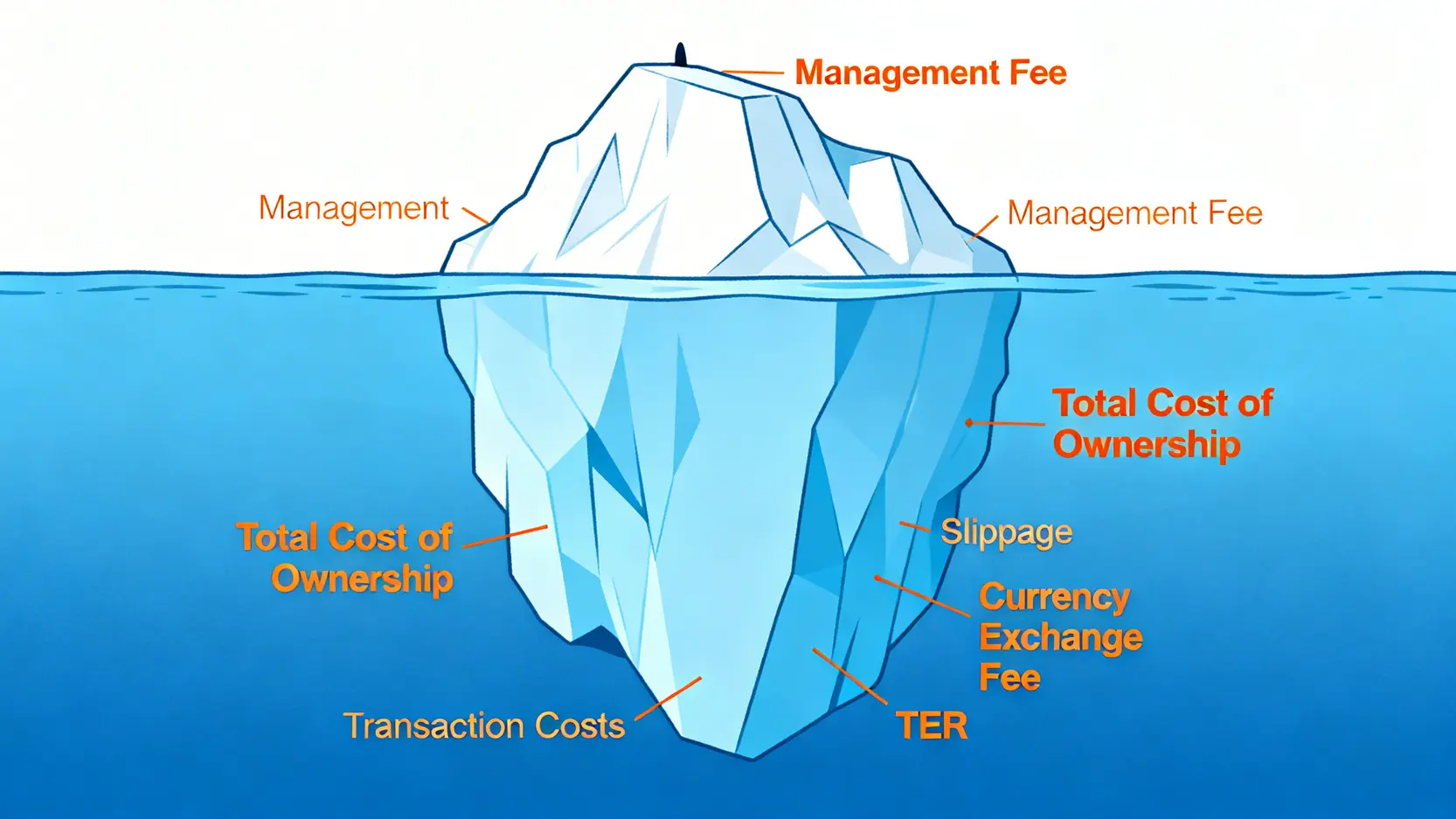 總持有成本TCO的概念圖,以冰山比喻,可見的管理費只是冰山一角,水面下隱藏著更多如內扣總費用、交易滑點等成本。