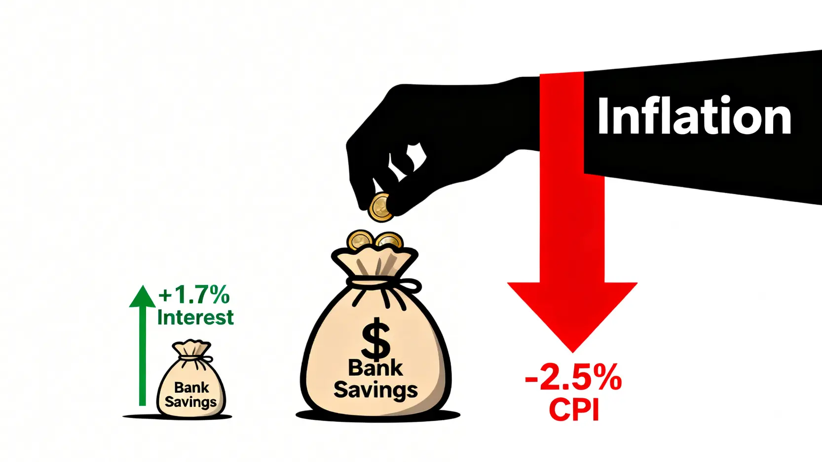 一張圖表解釋通膨如何侵蝕銀行存款的購買力,顯示1.7%的利息增長小於2.5%的通膨損失。
