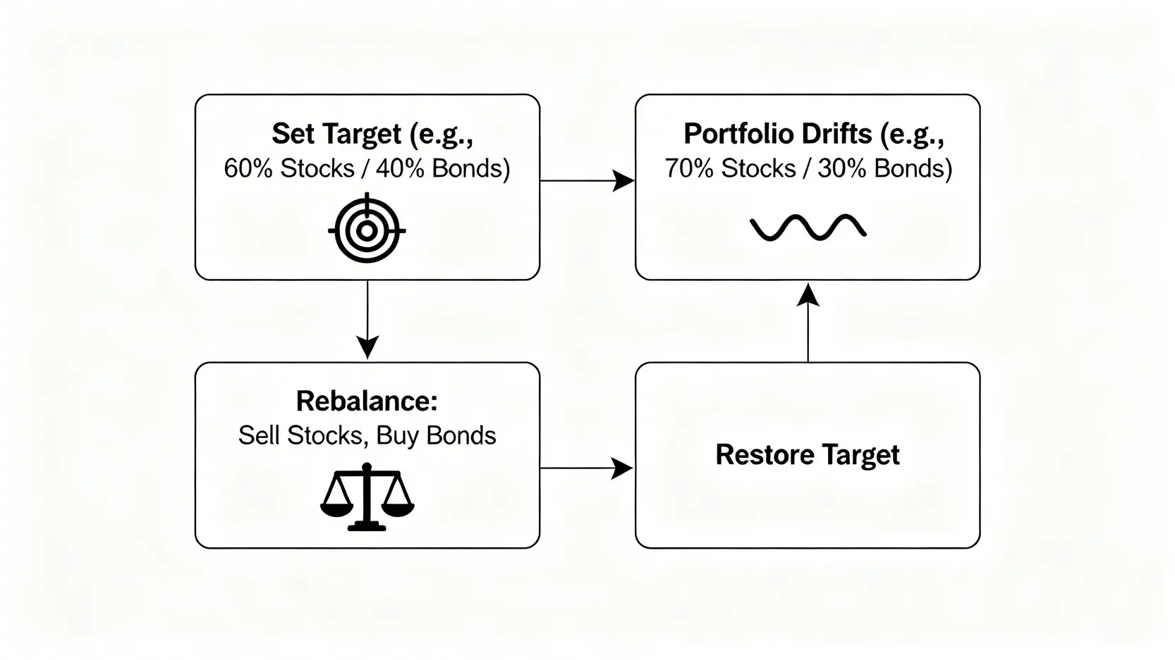投資組合再平衡的四步驟流程圖,從設定目標比例、市場波動導致比例偏離、到賣出上漲資產買入下跌資產,最終恢復目標比例的循環過程。