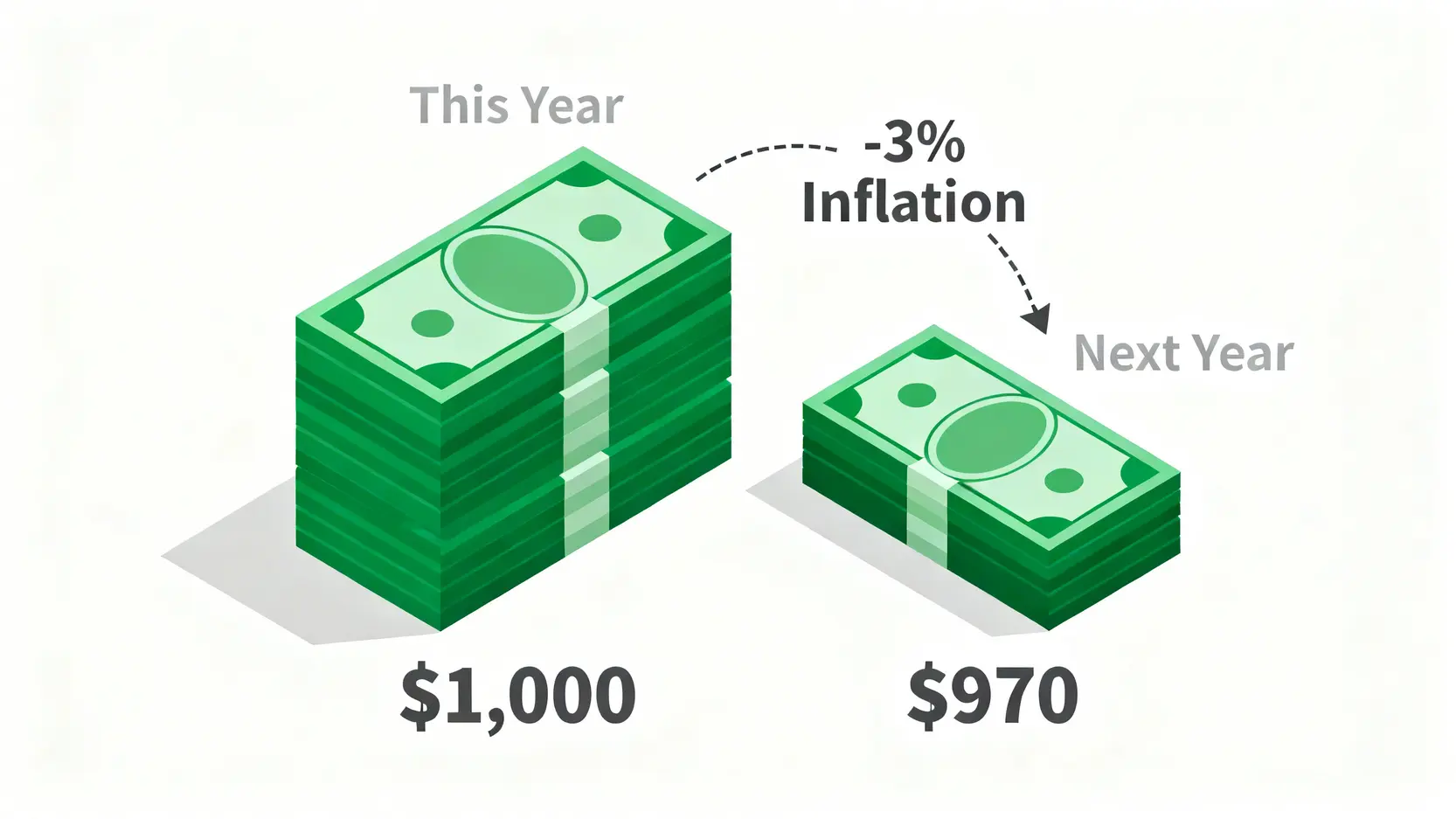 通貨膨脹導致購買力下降的示意圖,顯示今年的1000元在明年只剩下970元的價值。