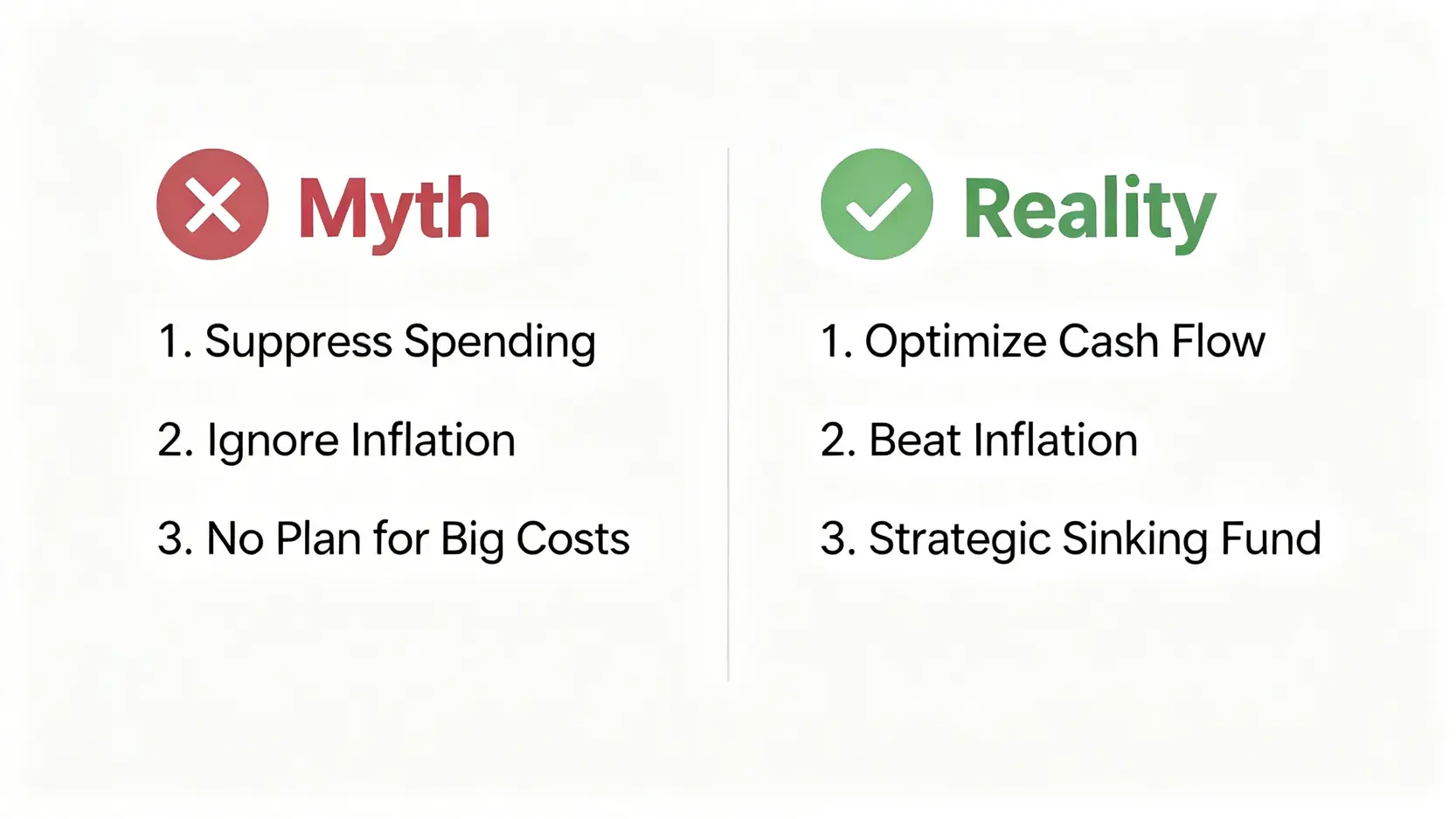 傳統省錢迷思與現代理財策略的對比圖,左邊是錯誤觀念,右邊是正確做法。