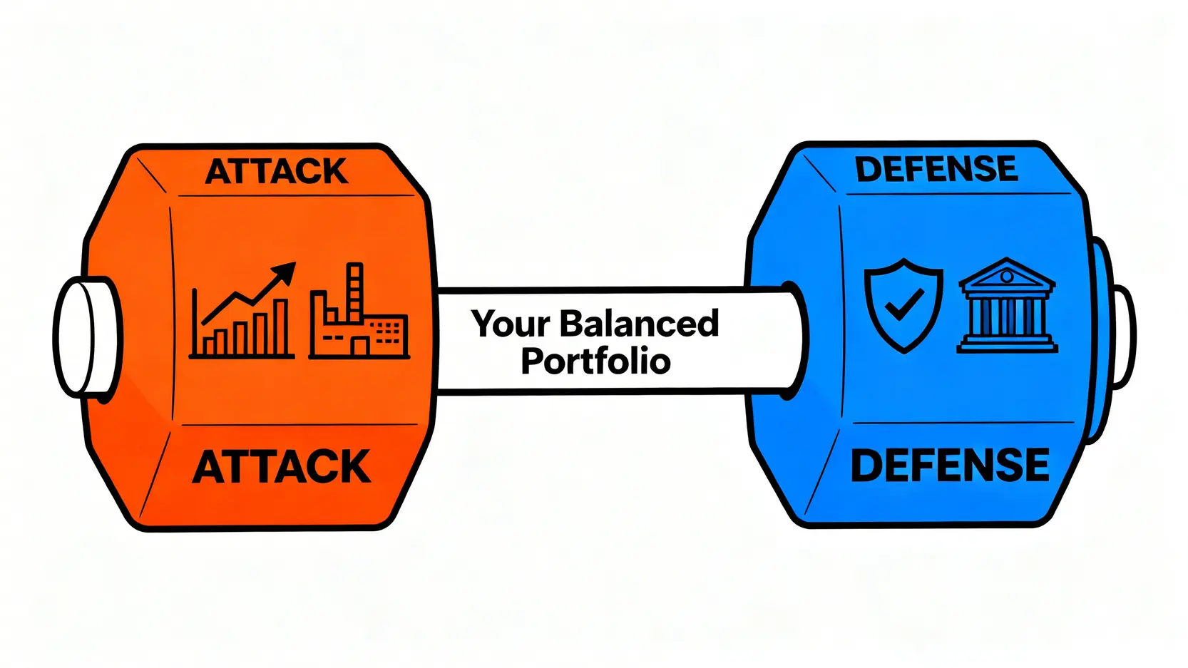 啞鈴式資產配置策略示意圖,區分攻擊型與防守型資產。