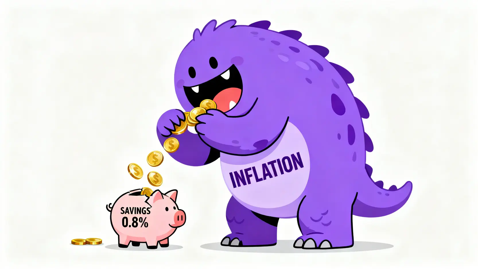 一個紫色通膨怪獸正在吃掉從標示著低利率的存錢筒裡掉出來的金幣,象徵著存款的購買力被通膨侵蝕。