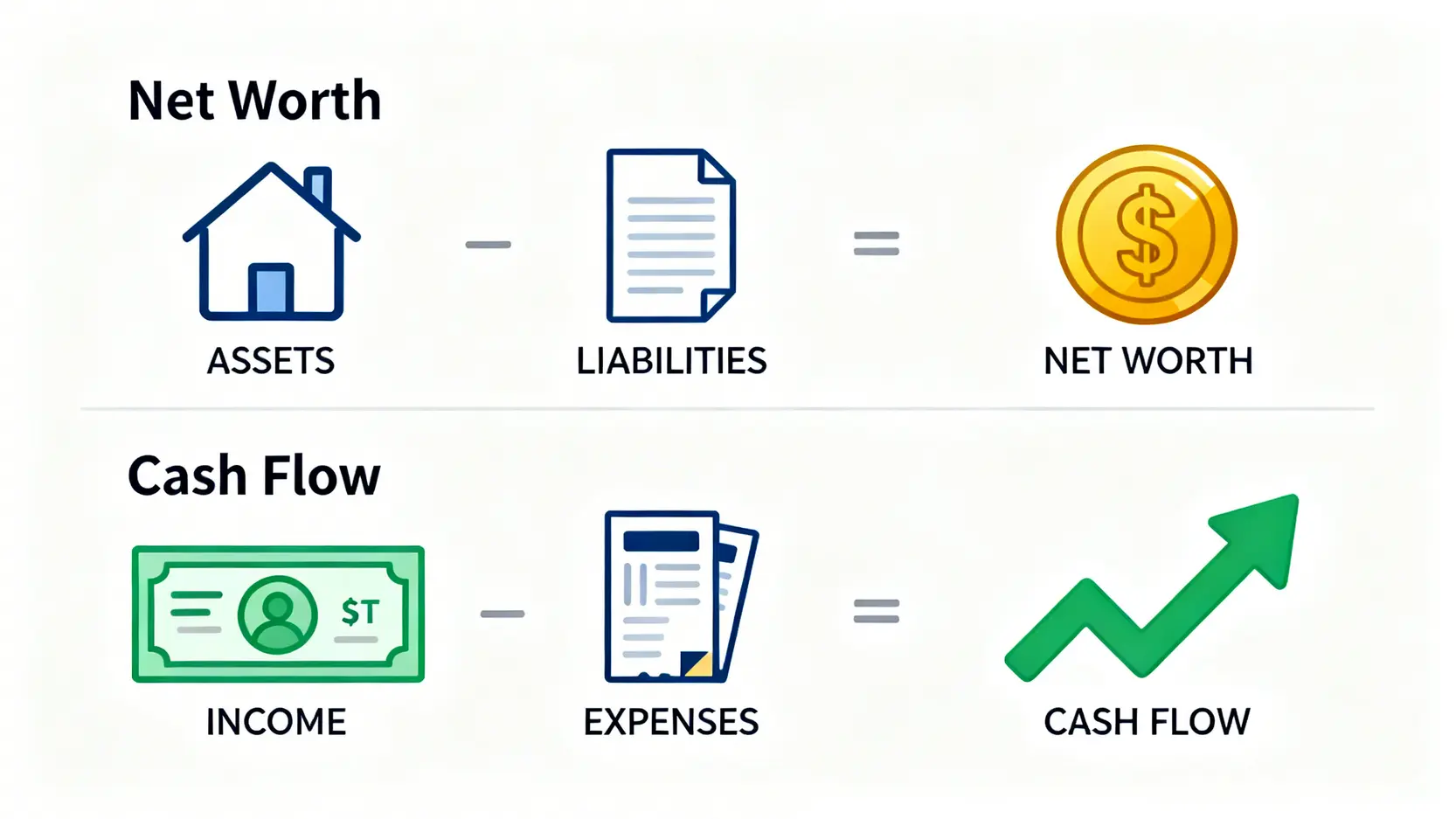 一張圖解釋財務淨值與現金流的公式。上方顯示資產減去負債等於淨值,下方顯示收入減去支出等於現金流。