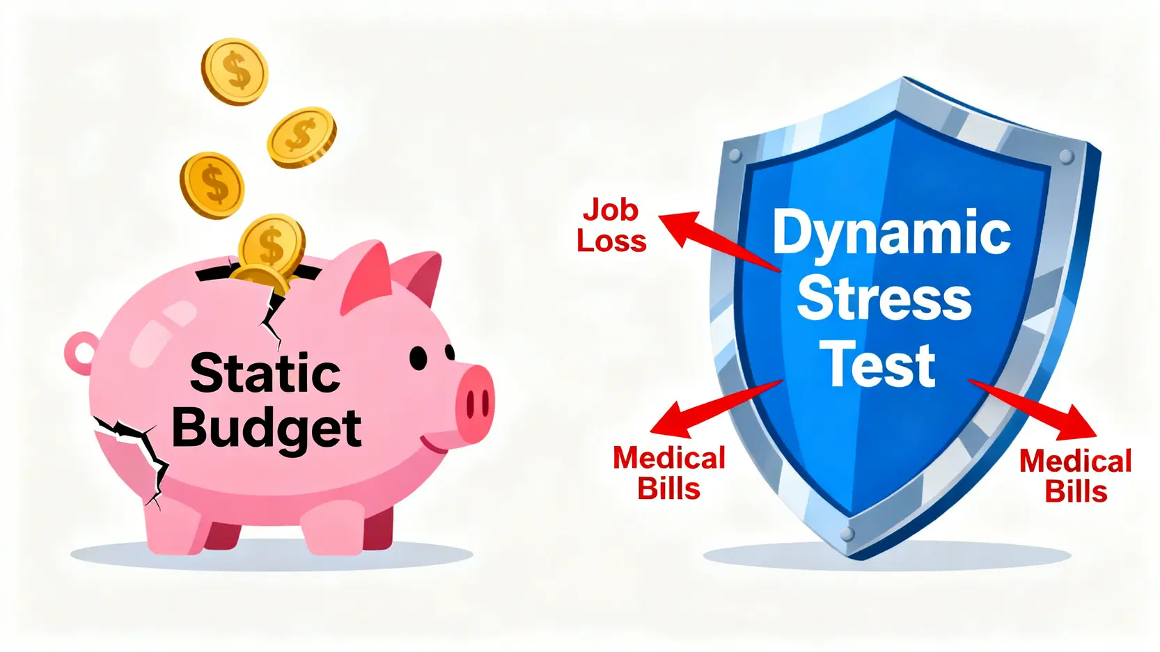 靜態預算與動態壓力測試的對比圖,顯示一個脆弱的存錢筒和一個堅固的盾牌。