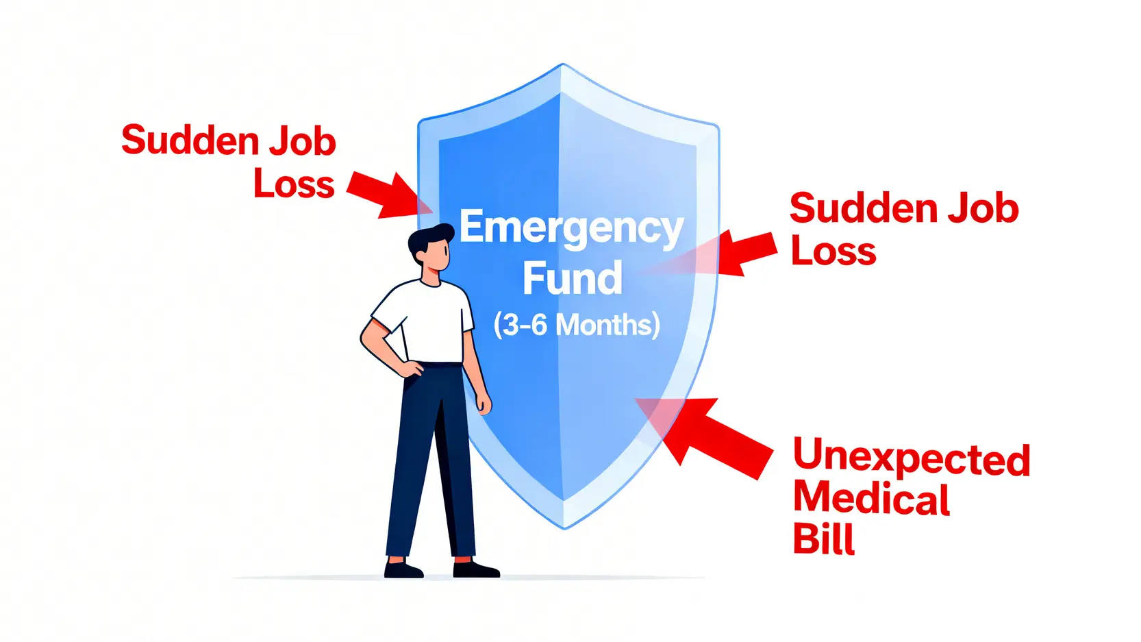 緊急預備金概念圖,一個盾牌保護著一個人,抵擋來自失業和醫療的意外衝擊。