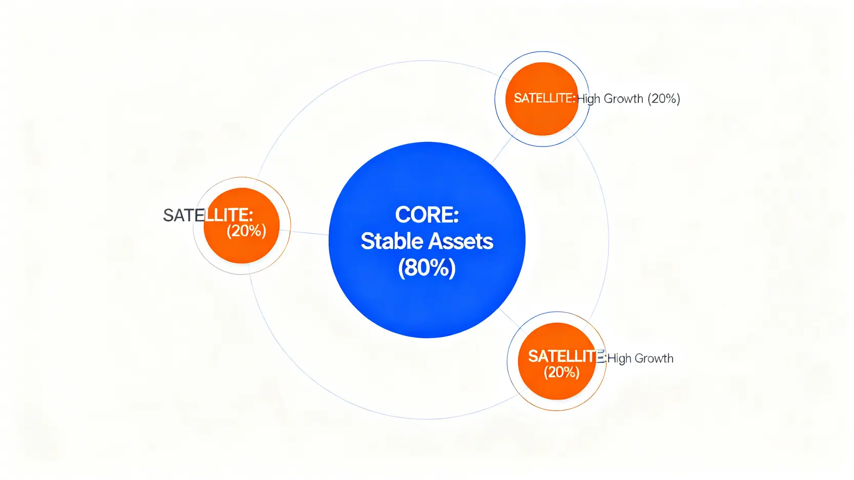 核心-衛星資產配置策略示意圖,顯示80%的核心穩健資產和20%的衛星高成長資產。