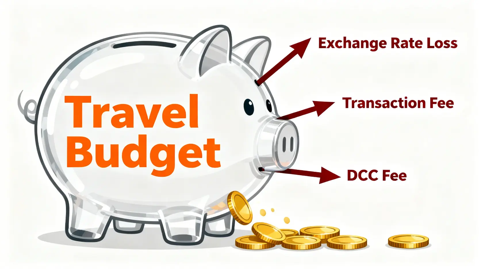 一個標示著「旅遊預算」的存錢筒被「匯率損失」、「交易手續費」和「DCC費用」的箭頭刺穿,導致金錢流失,說明了金融摩擦成本的概念。