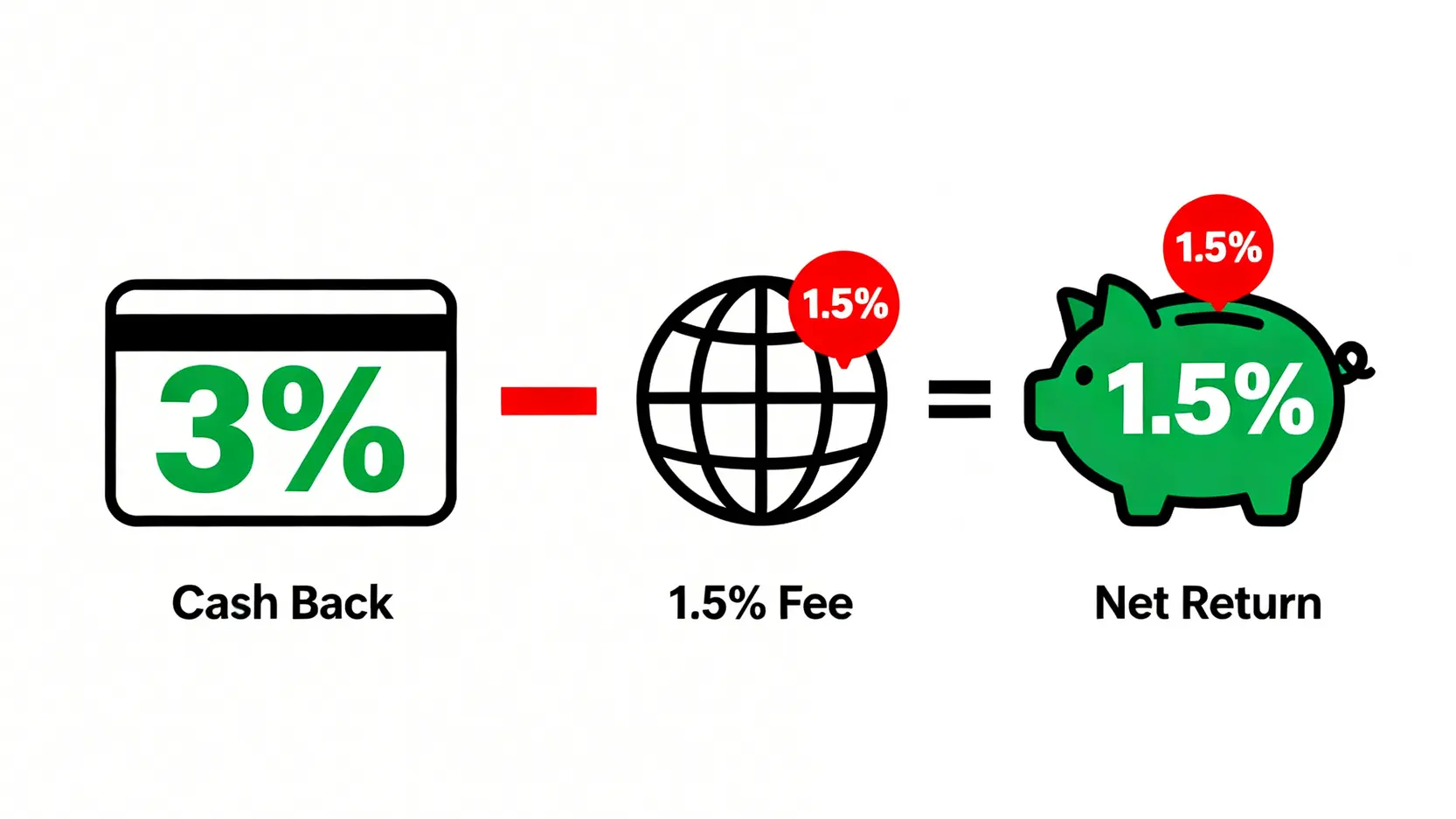 一張圖表顯示信用卡海外消費的淨收益率計算方式:3%現金回饋減去1.5%手續費,等於1.5%的淨收益。
