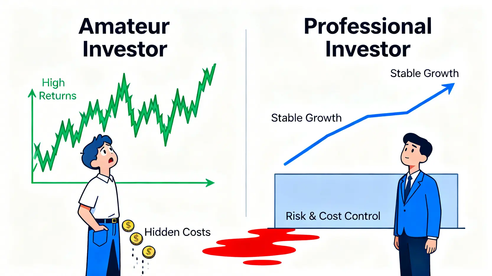 散戶與專業投資者的思維對比圖,散戶專注於報酬率而忽略成本,專業投資者則優先控制風險與成本。