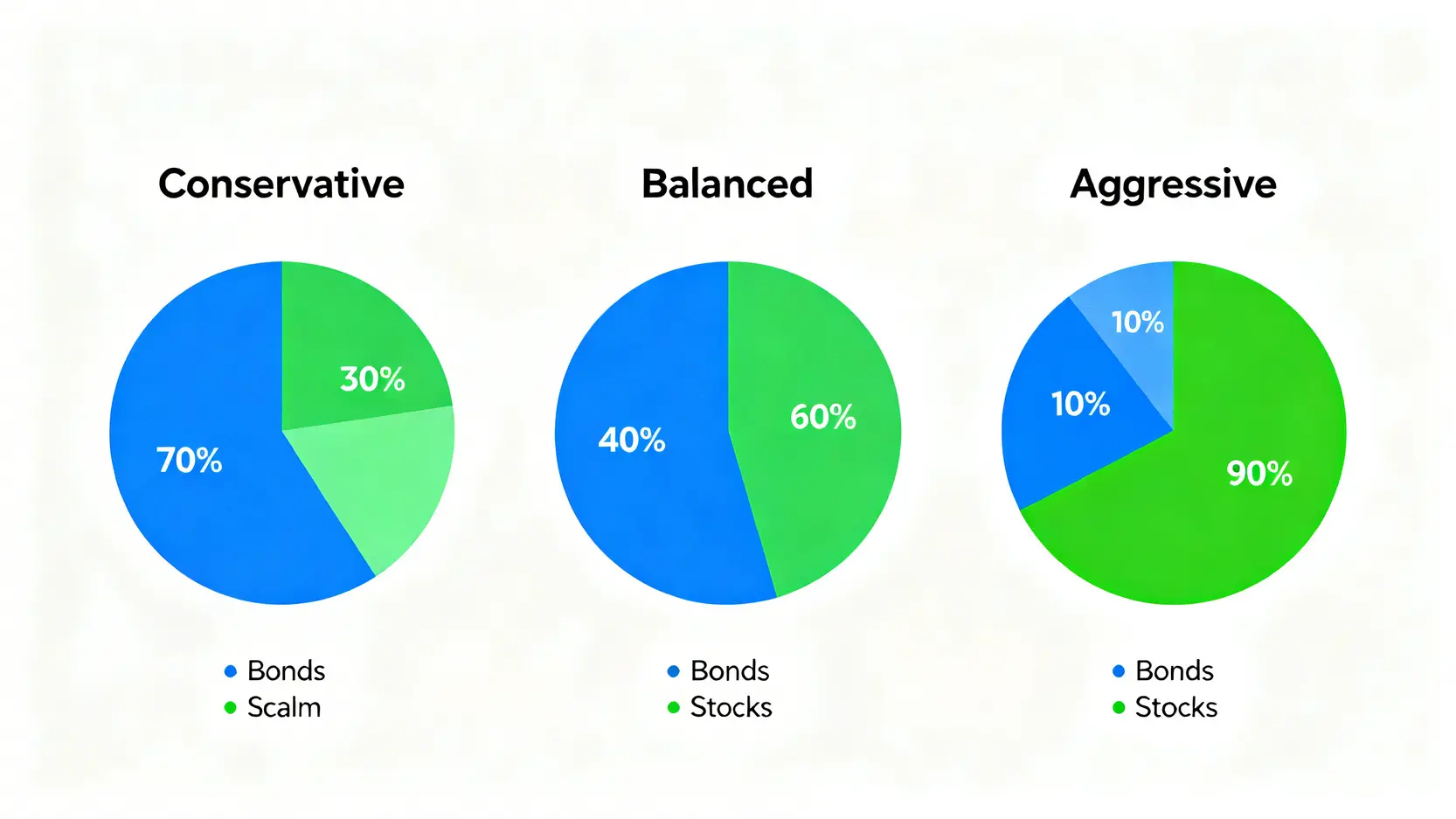 三種不同風險屬性的資產配置圓餅圖,分別展示保守型、穩健型與積極型投資組合的股債比例。