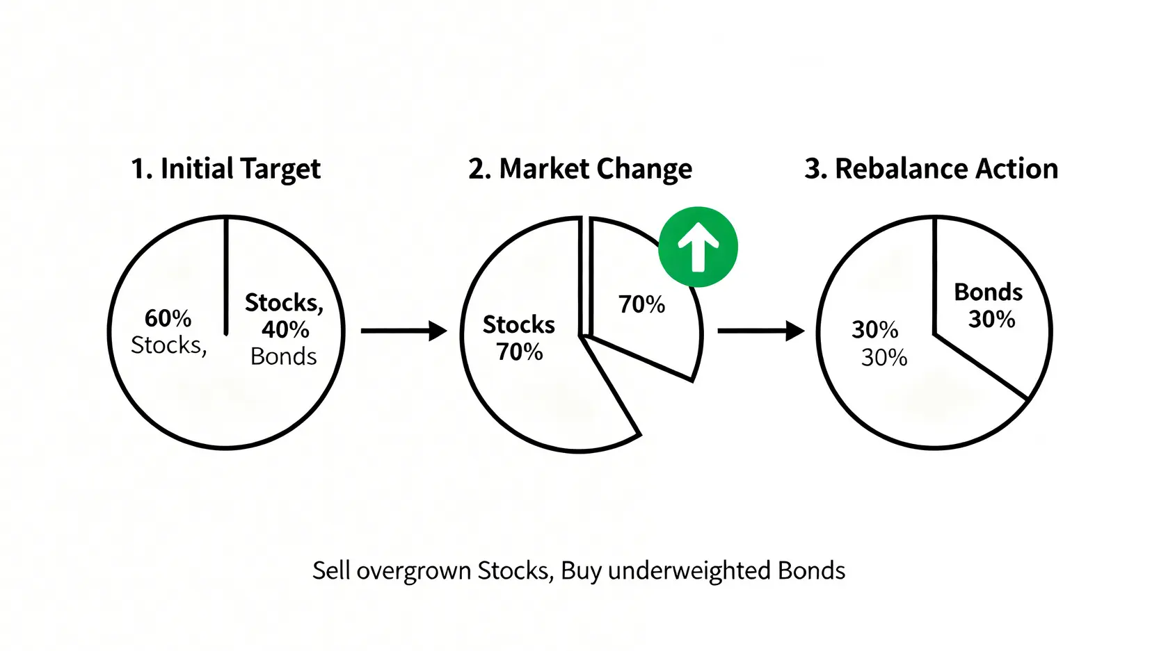 資產再平衡流程圖,說明因市場波動導致資產比例偏離後,如何透過賣出增值資產、買入減值資產以恢復目標比例的過程。