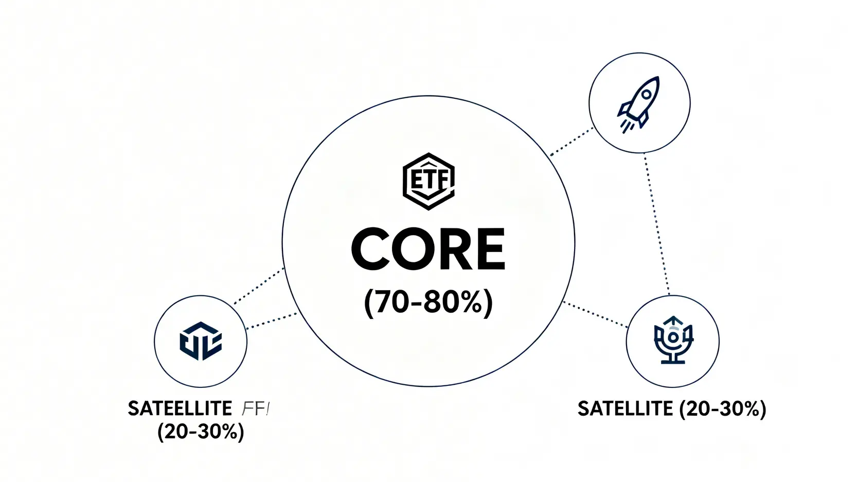 核心-衛星資產配置策略示意圖,顯示一個大的核心資產和多個小的高風險衛星資產。