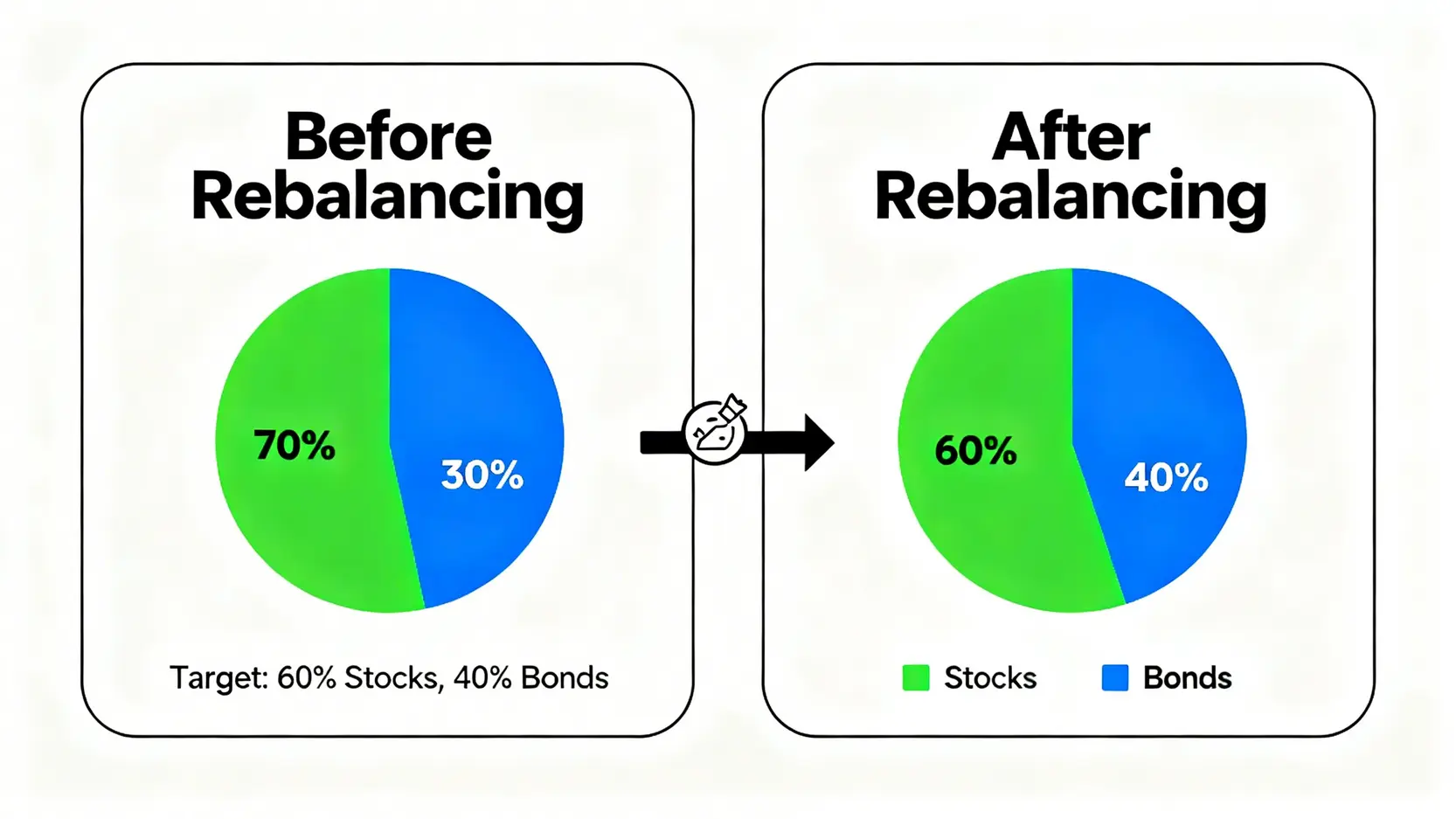 投資組合再平衡示意圖,顯示如何將偏離的資產比例調整回目標配置。