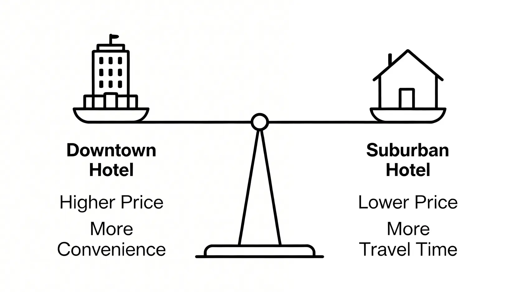 住宿地點機會成本示意圖,以天秤比較市中心高價住宿的便利性與郊區低價住宿的時間成本。