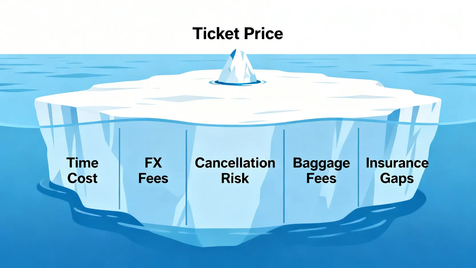 一座冰山,水面上的小部分標示為「票價」,水下巨大的部分則標示著「時間成本」、「交易手續費」、「取消風險」等隱藏成本。