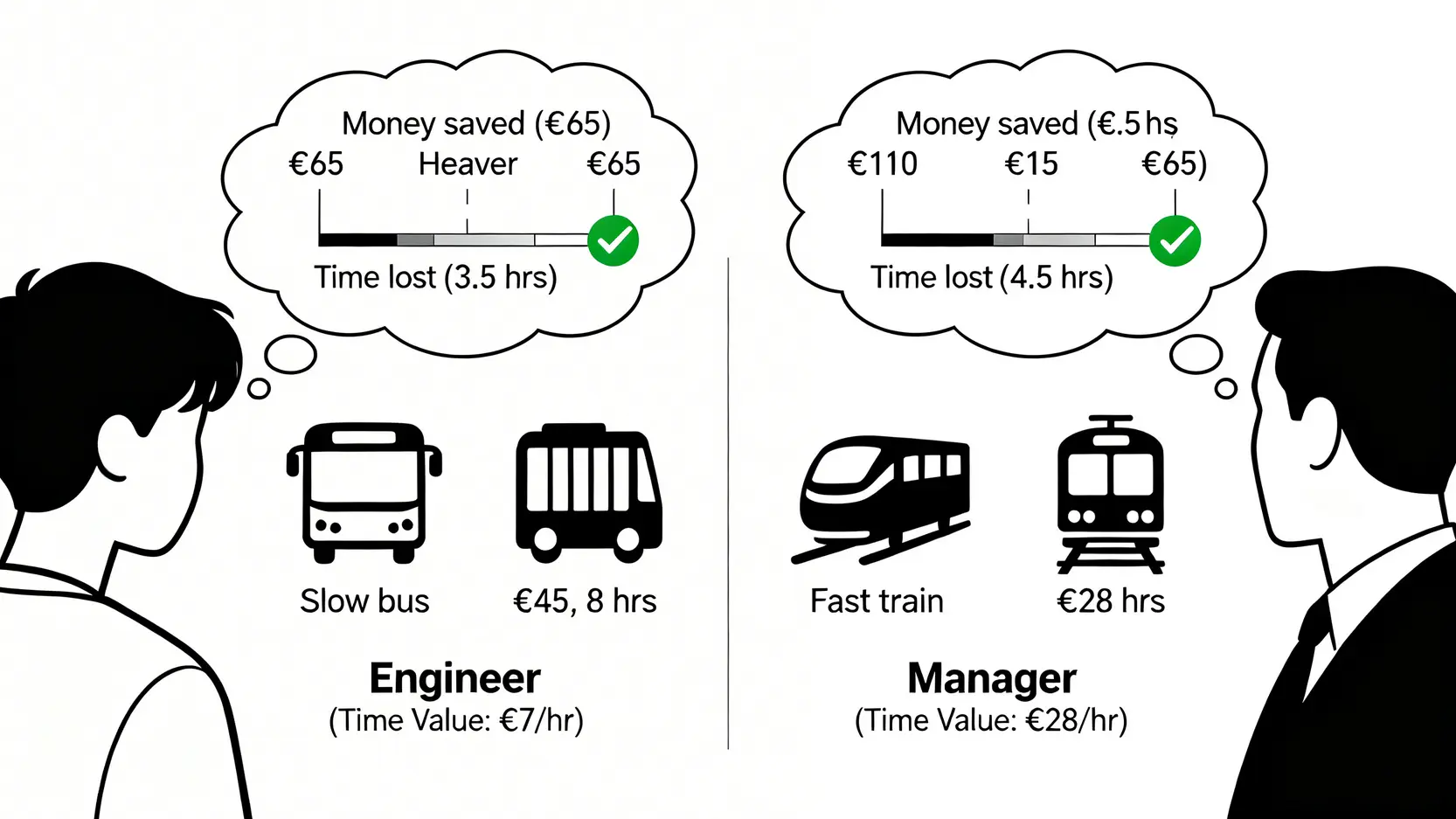 一張對比圖,左邊是一位工程師因時間價值較低而選擇了更便宜的巴士,右邊是一位經理因時間價值較高而選擇了更貴的高鐵。