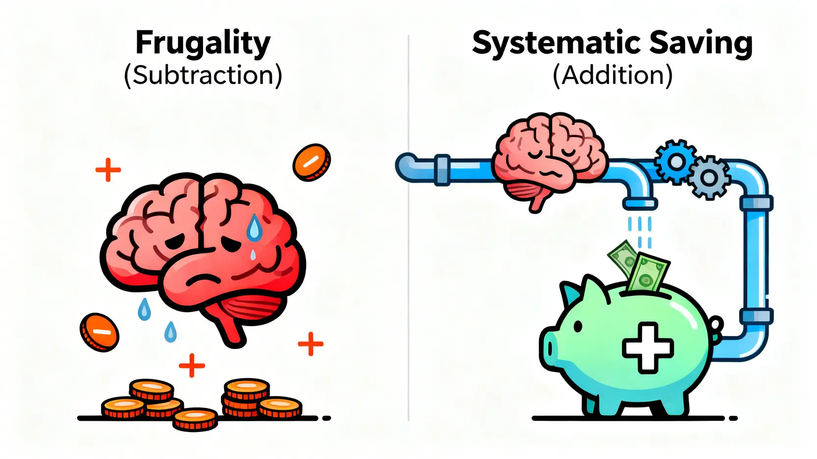 一張對比圖,左邊是代表意志力消耗的『減法省錢』,右邊是代表自動化系統的『加法存錢』,突顯兩者差異。