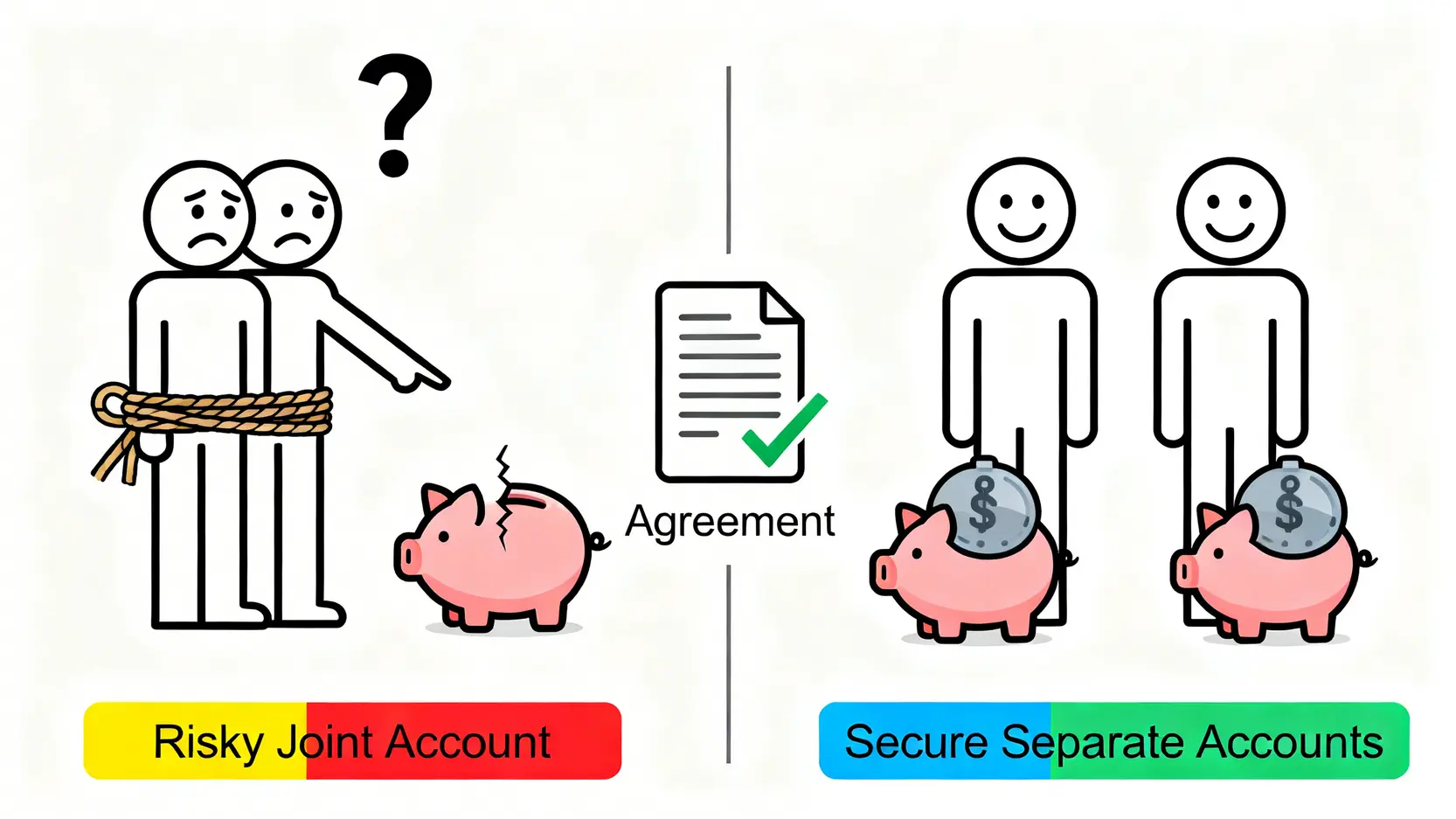 情侶存錢模式對比圖,左側為高風險的傳統共同帳戶,右側為安全的獨立帳戶搭配資金協議模式。