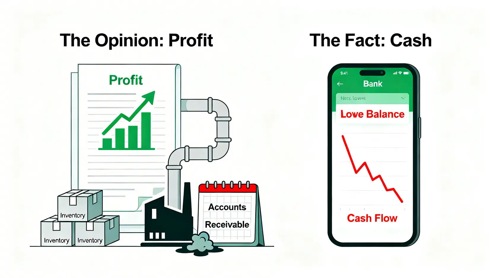 一張對比圖,說明帳面利潤與實際現金流的差異。左邊是顯示獲利的報表,但資金被應收帳款卡住;右邊是顯示現金枯竭的銀行帳戶。