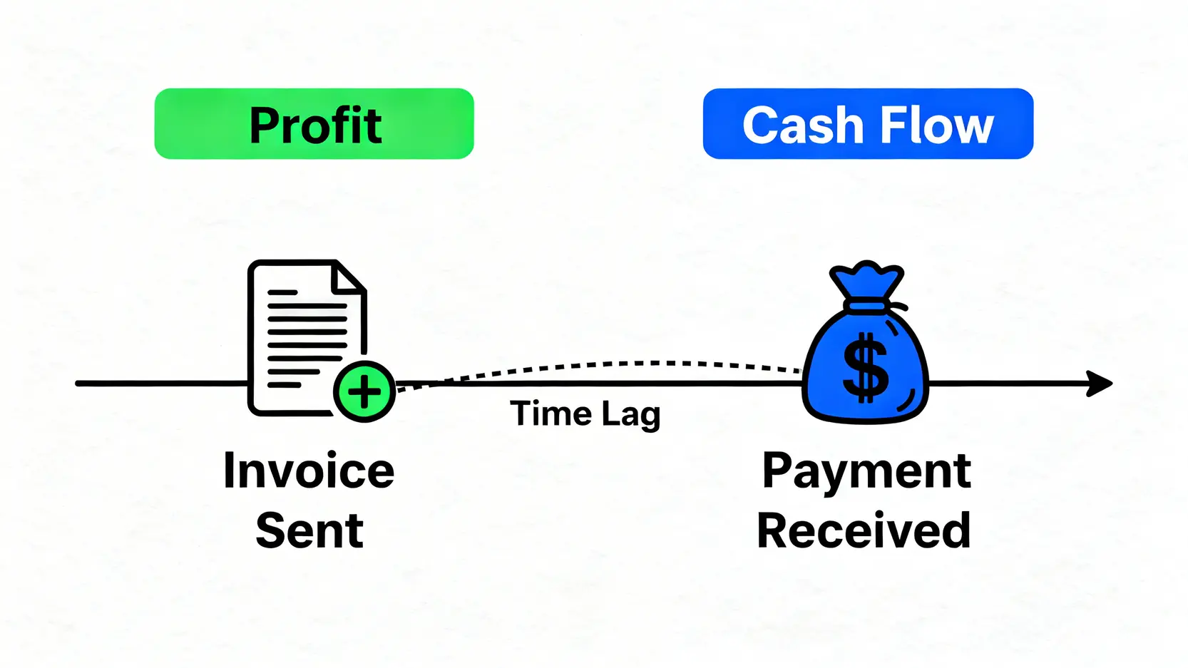 一張對比圖,解釋了利潤與現金流的區別,顯示了開立發票產生利潤與實際收到現金之間存在時間差。