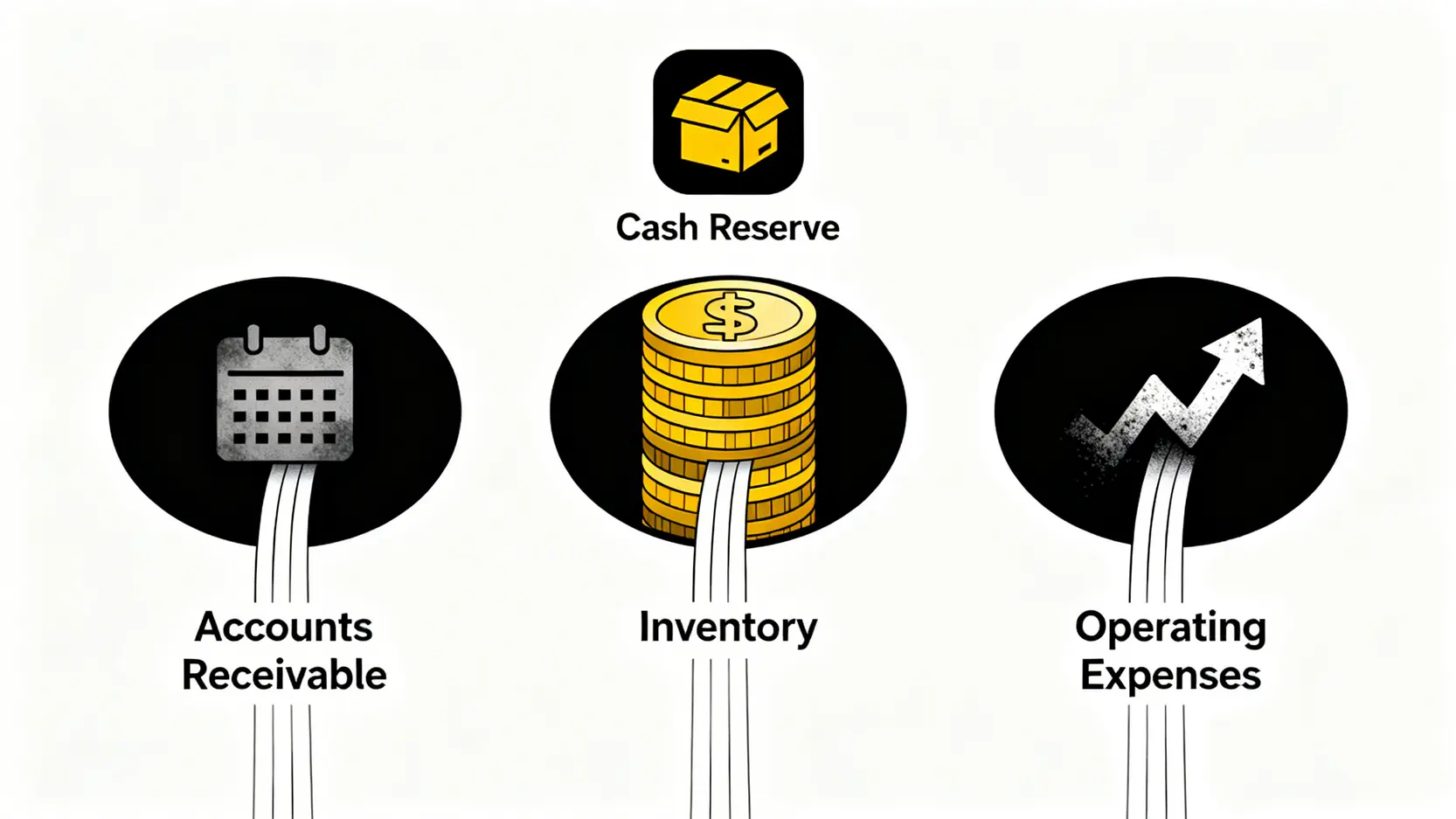 一張概念圖,展示三個財務黑洞(應收帳款、存貨、營運開支)正在吸走中間的現金儲備。
