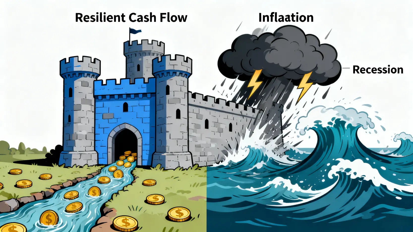 現金流韌性概念圖,展示了穩固的現金流像一座城堡,抵禦經濟衰退和通貨膨脹的風暴。