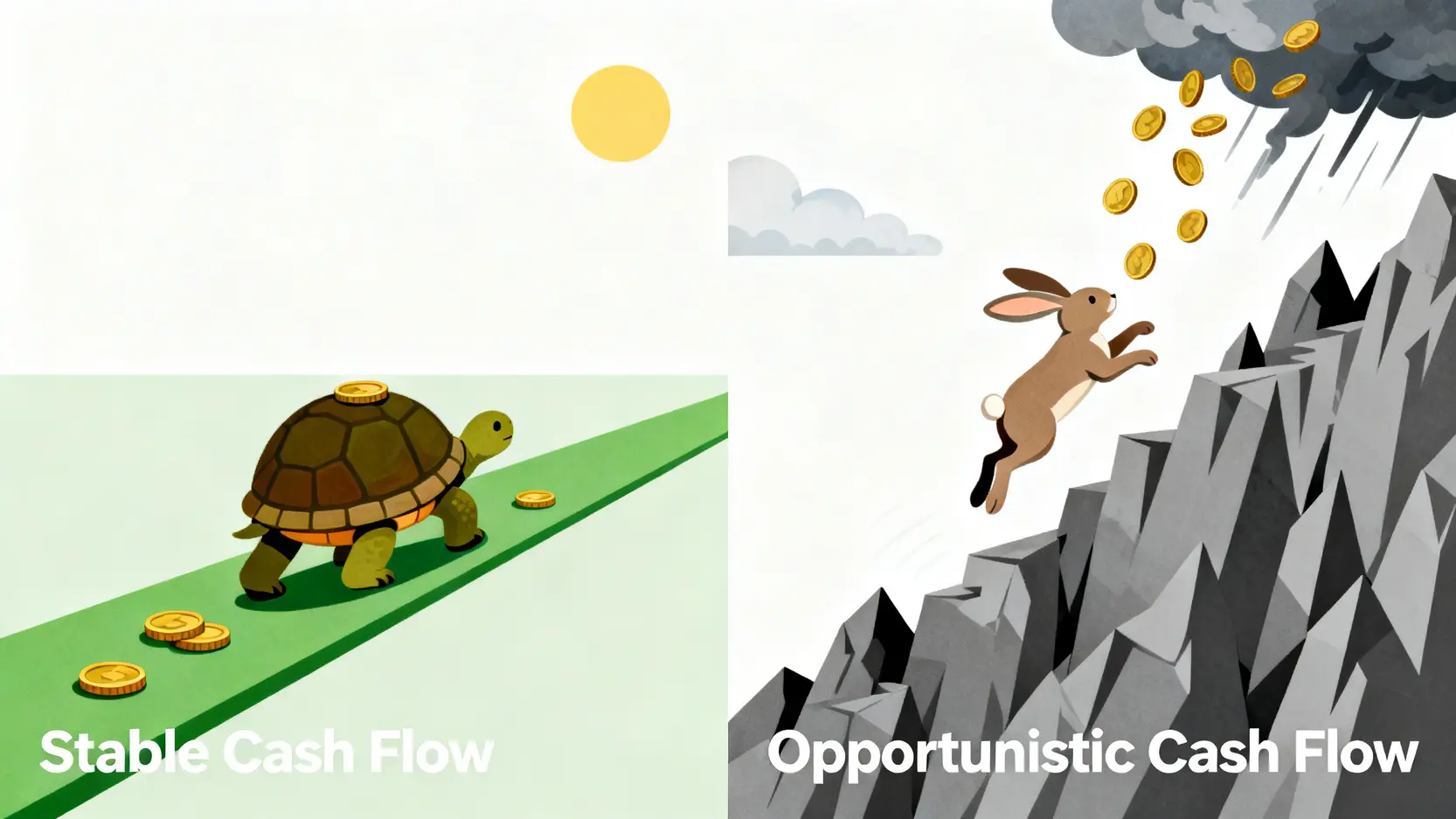 穩定型現金流與機運型現金流的對比圖,以烏龜的穩健步伐和兔子的跳躍式前進來比喻兩者特性。
