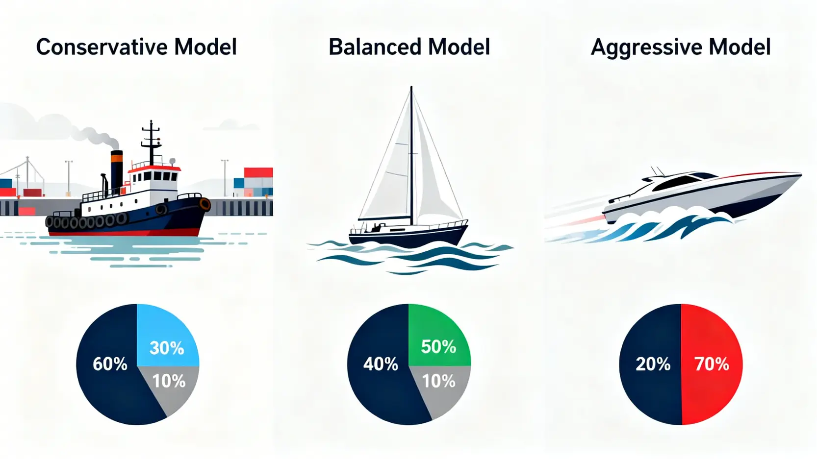 三種資產配置模型:保守型、平衡型與積極型的風險與構成對比,分別用穩定的拖船、帆船和快艇來表示。