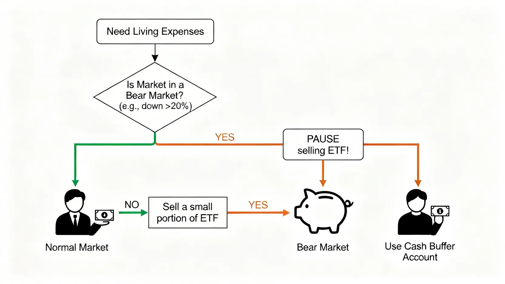 熊市現金流策略流程圖,展示在市場正常時賣出持股,在熊市時啟動現金緩衝帳戶以避免低點賣出。