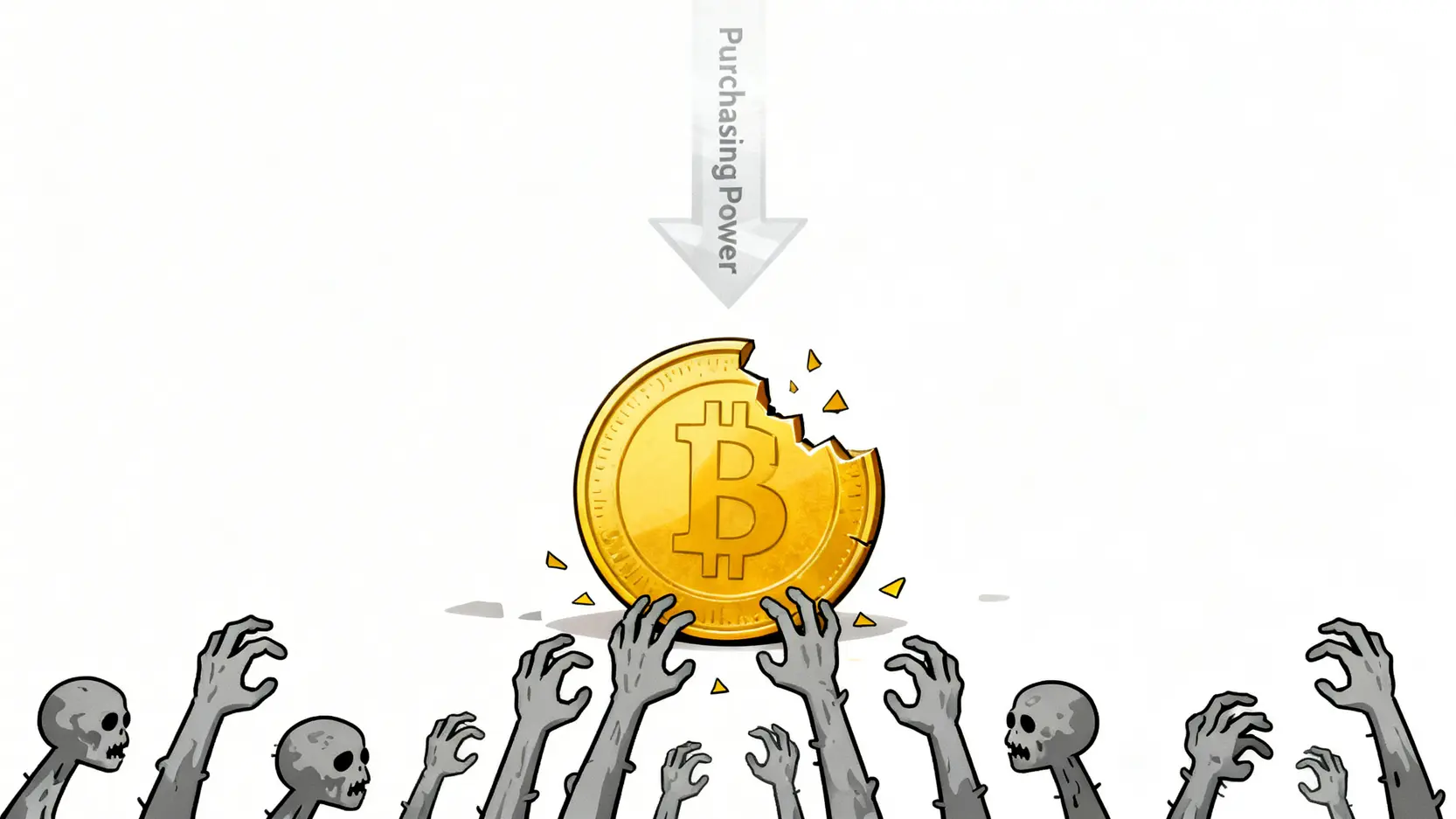 一張概念示意圖,說明殭屍通膨如何悄悄侵蝕資產購買力,圖中一枚金幣正被許多小手慢慢蠶食。