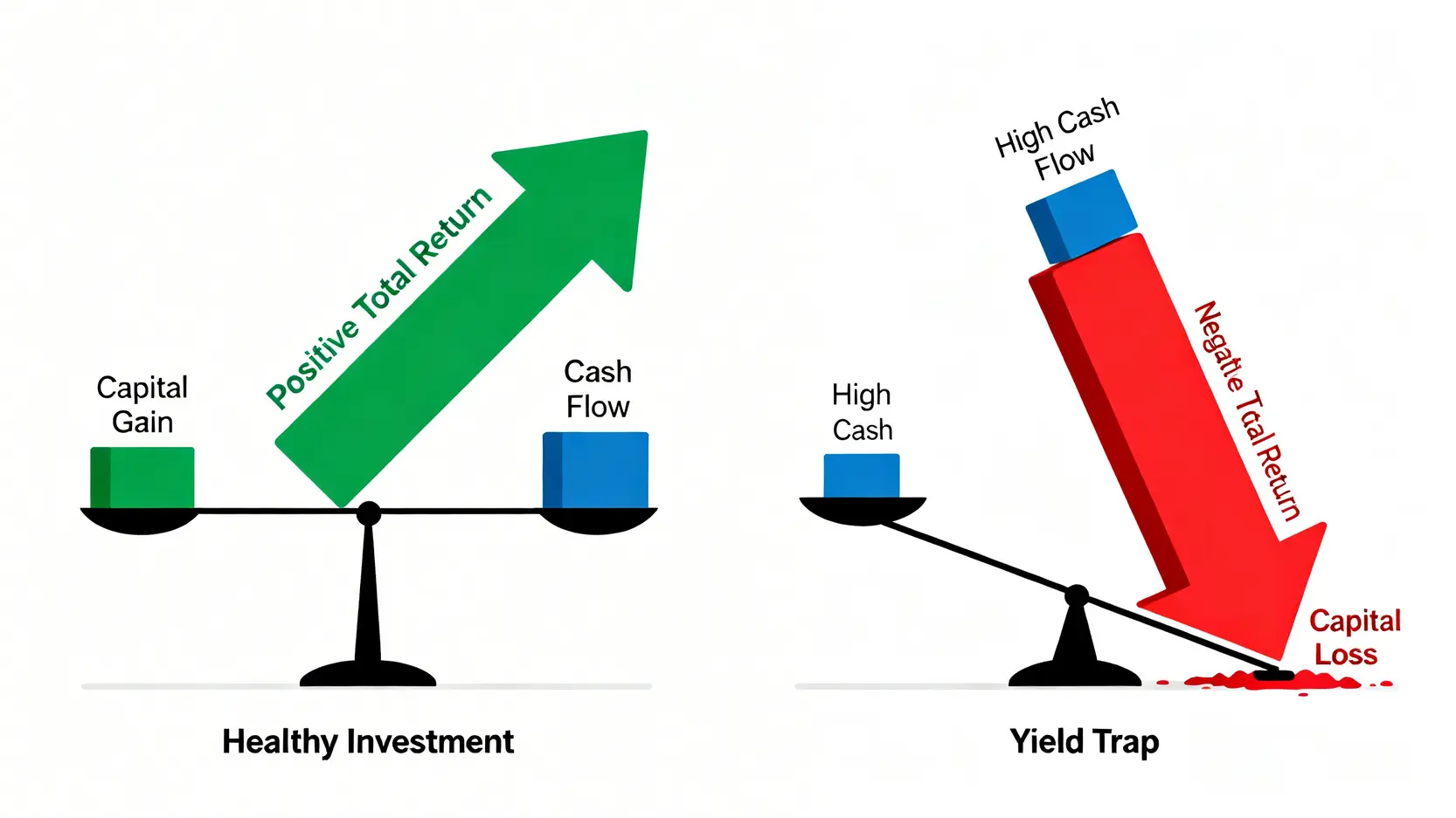 總報酬概念對比圖,展示健康投資與高收益陷阱的區別