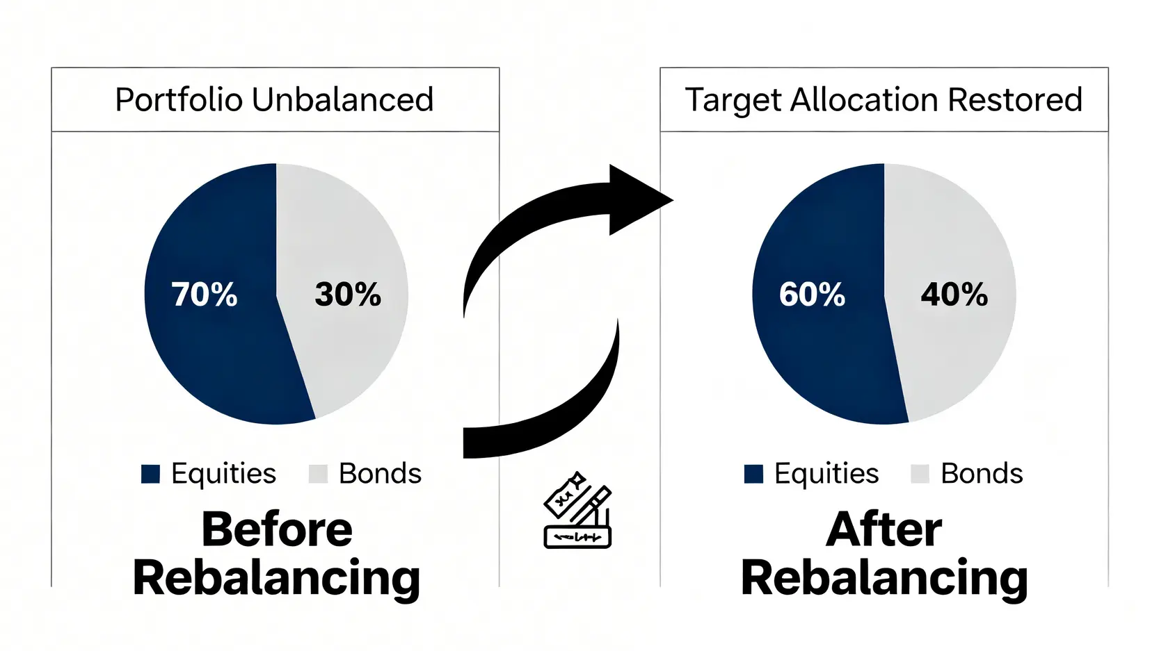 投資組合再平衡機制示意圖,顯示失衡的資產配置如何恢復到目標比例