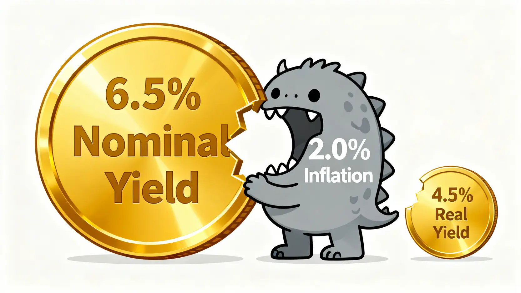 一張圖解釋名目殖利率與實質殖利率的差別,顯示通膨怪獸吃掉部分名目報酬後,剩下的才是真實的購買力增長。
