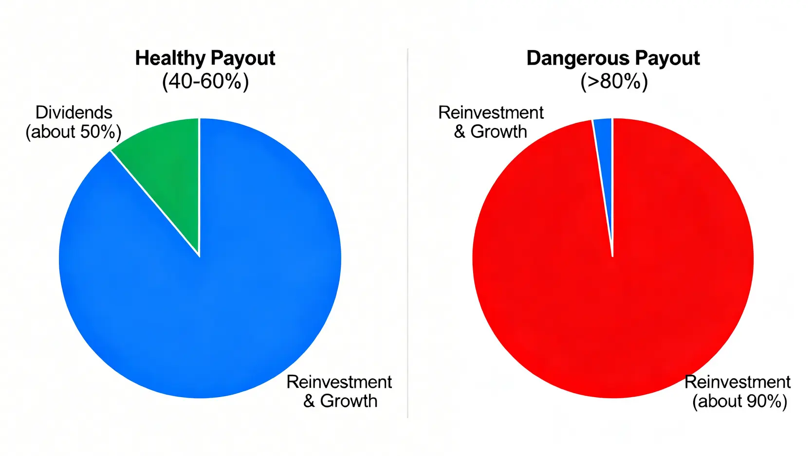 股息發放率的對比圖,左邊是健康的比例,公司保留足夠資金再投資;右邊是危險的比例,公司幾乎將所有利潤發出,成長堪憂。