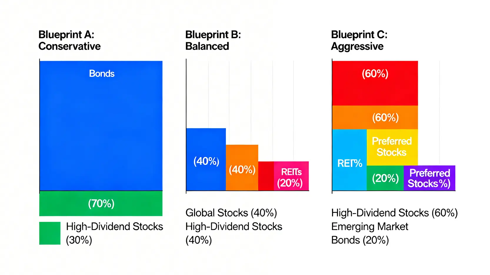 三種不同風險屬性的現金流投資組合配置圖,分別展示保守型、穩健型與積極型投資組合中,各類資產的配置百分比。
