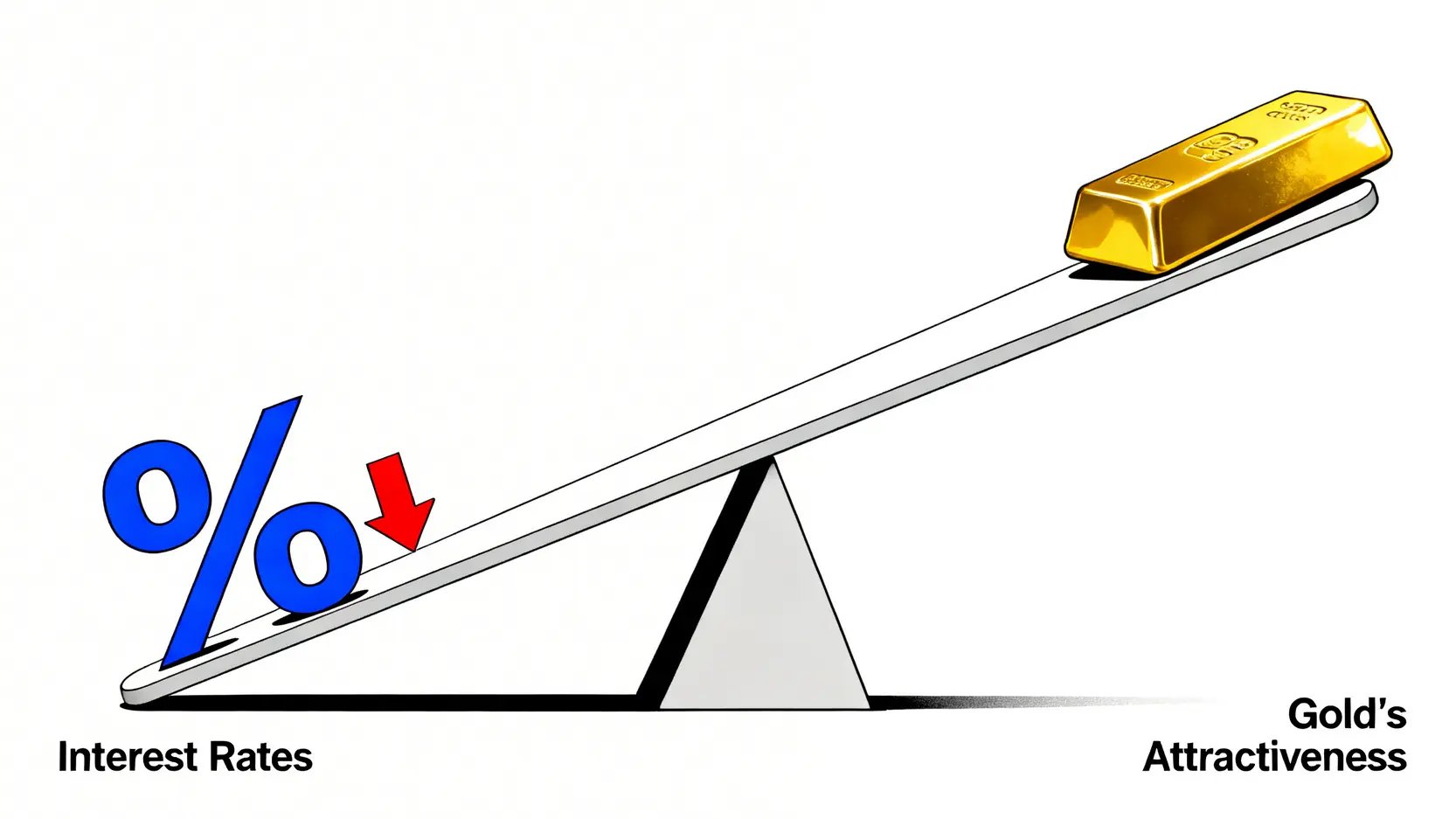 利率與黃金吸引力的蹺蹺板關係圖,顯示利率下降時,黃金的吸引力隨之上升。