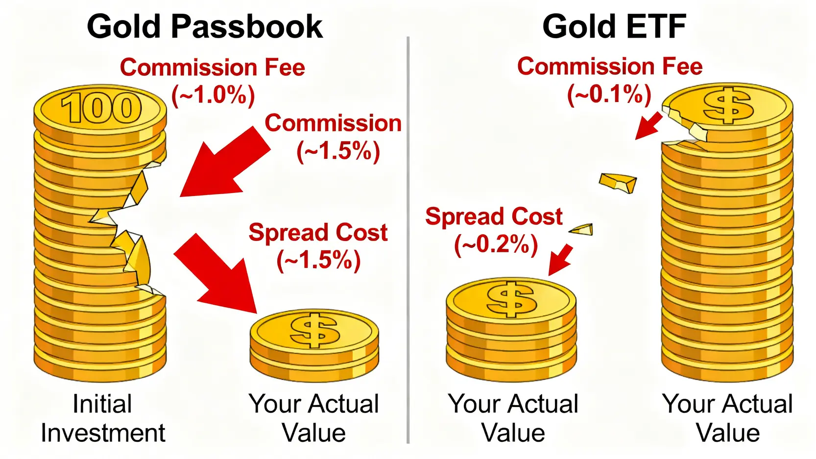 黃金存摺與黃金ETF的交易成本侵蝕對比圖,顯示黃金存摺的成本遠高於ETF。