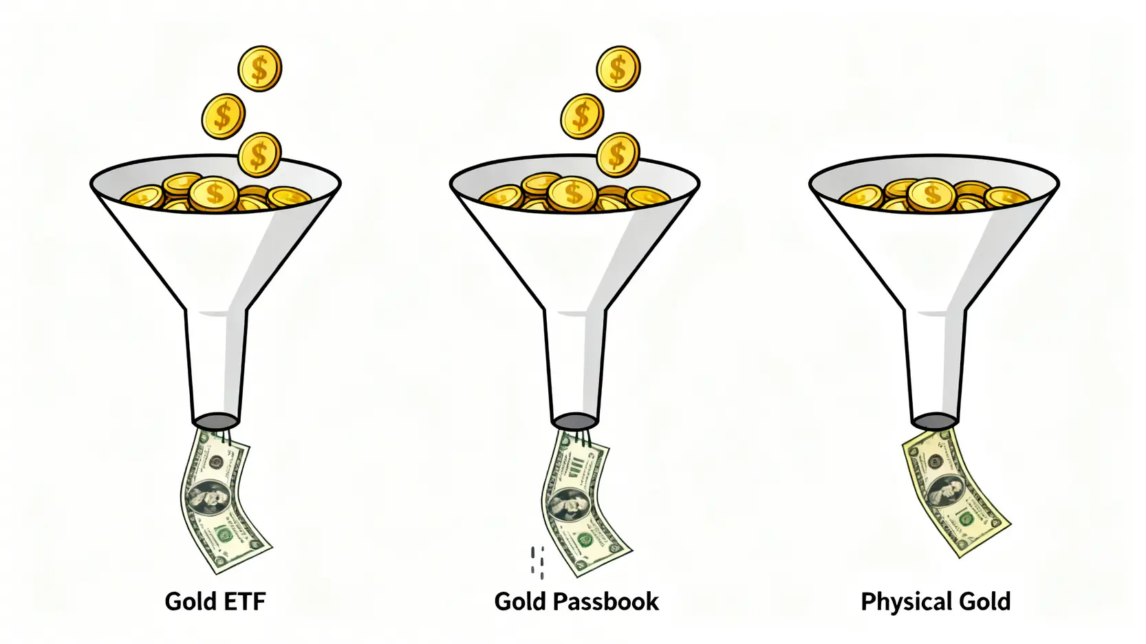 三種黃金投資工具的流動性壓力測試對比圖,以漏斗寬窄比喻變現速度。