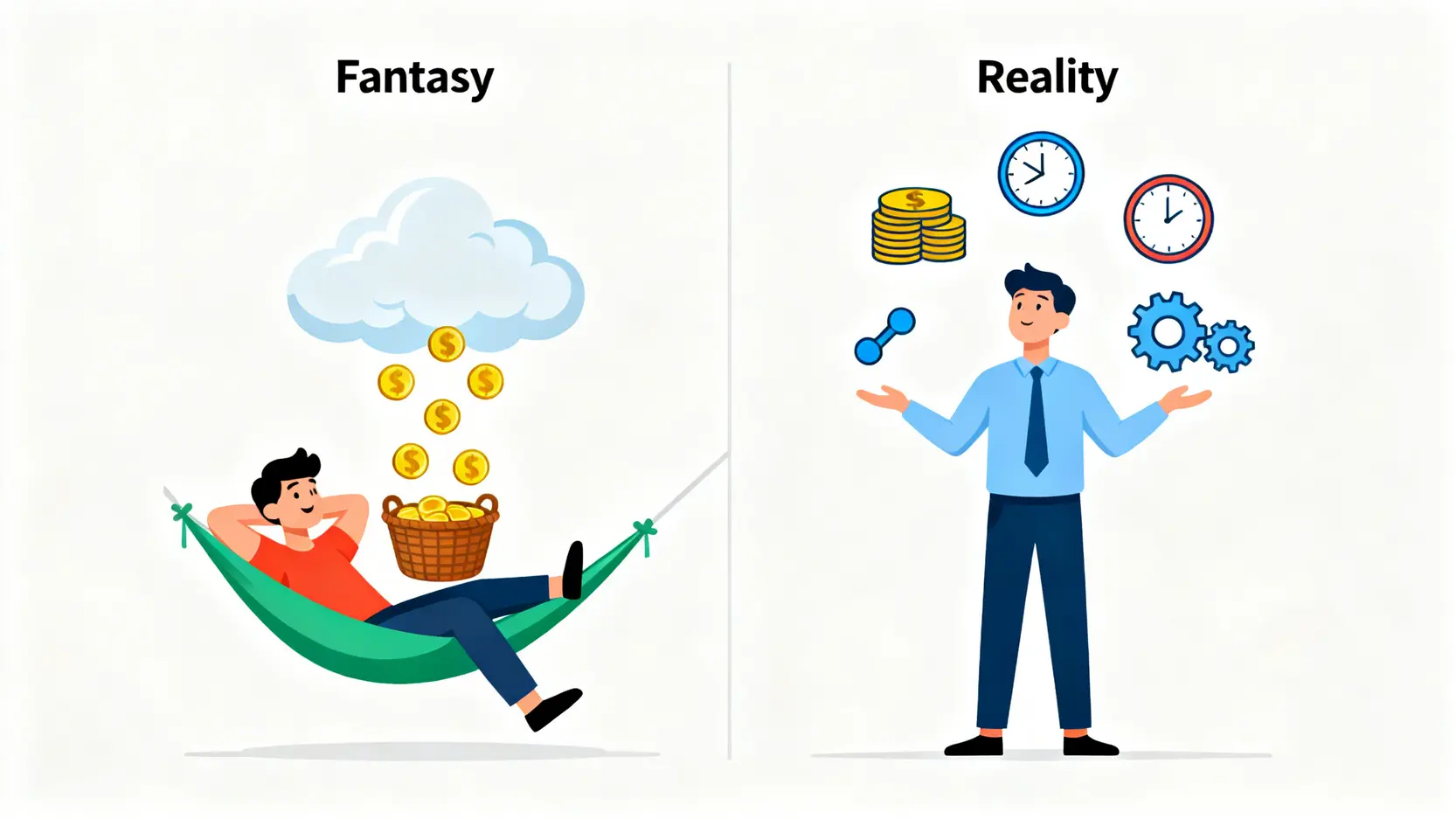 被動收入的幻想與現實對比圖