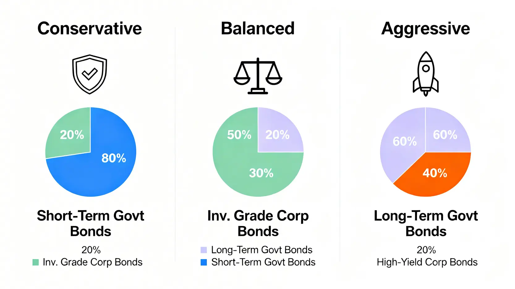 三種不同風險偏好投資者的債券ETF配置範例圖,分別展示了保守型、穩健型和積極型的資產分配比例。