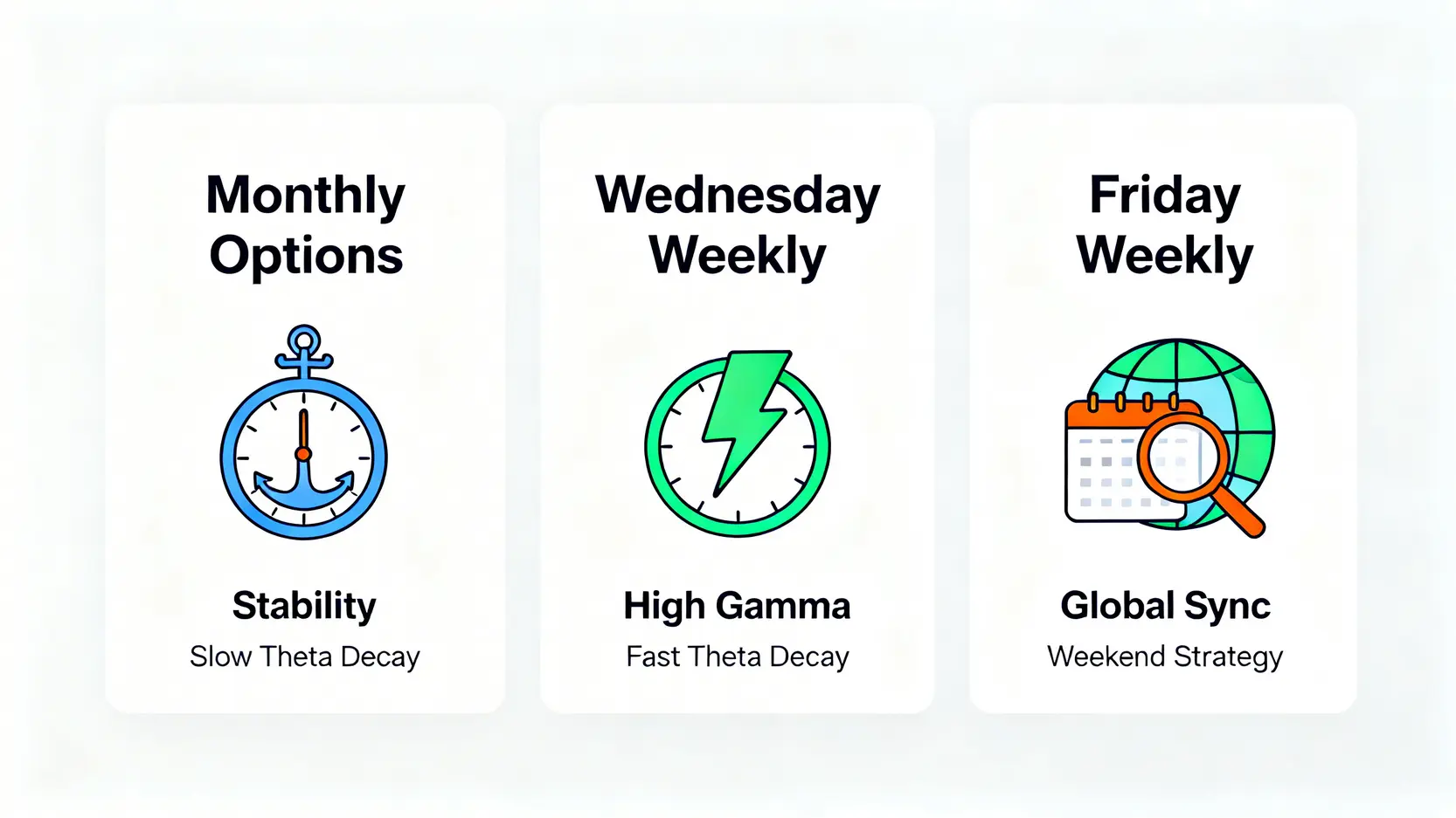 月選擇權、週三選擇權與週五選擇權的策略比較圖,分別突顯其穩定性、高Gamma風險與全球同步的特性。