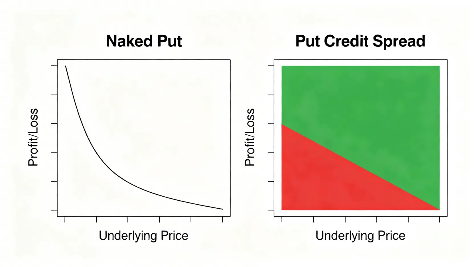 裸賣賣權與賣權空頭價差策略的風險對比圖,顯示價差策略如何鎖定最大虧損。