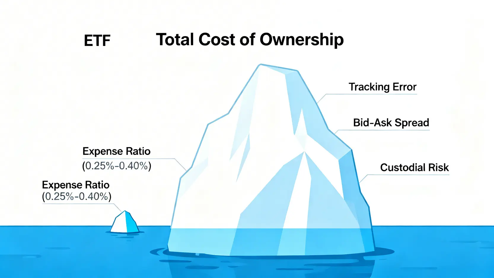 黃金ETF總持有成本冰山圖,顯示管理費只是可見的小部分,而追蹤誤差、買賣價差和託管風險是更大的隱藏成本。